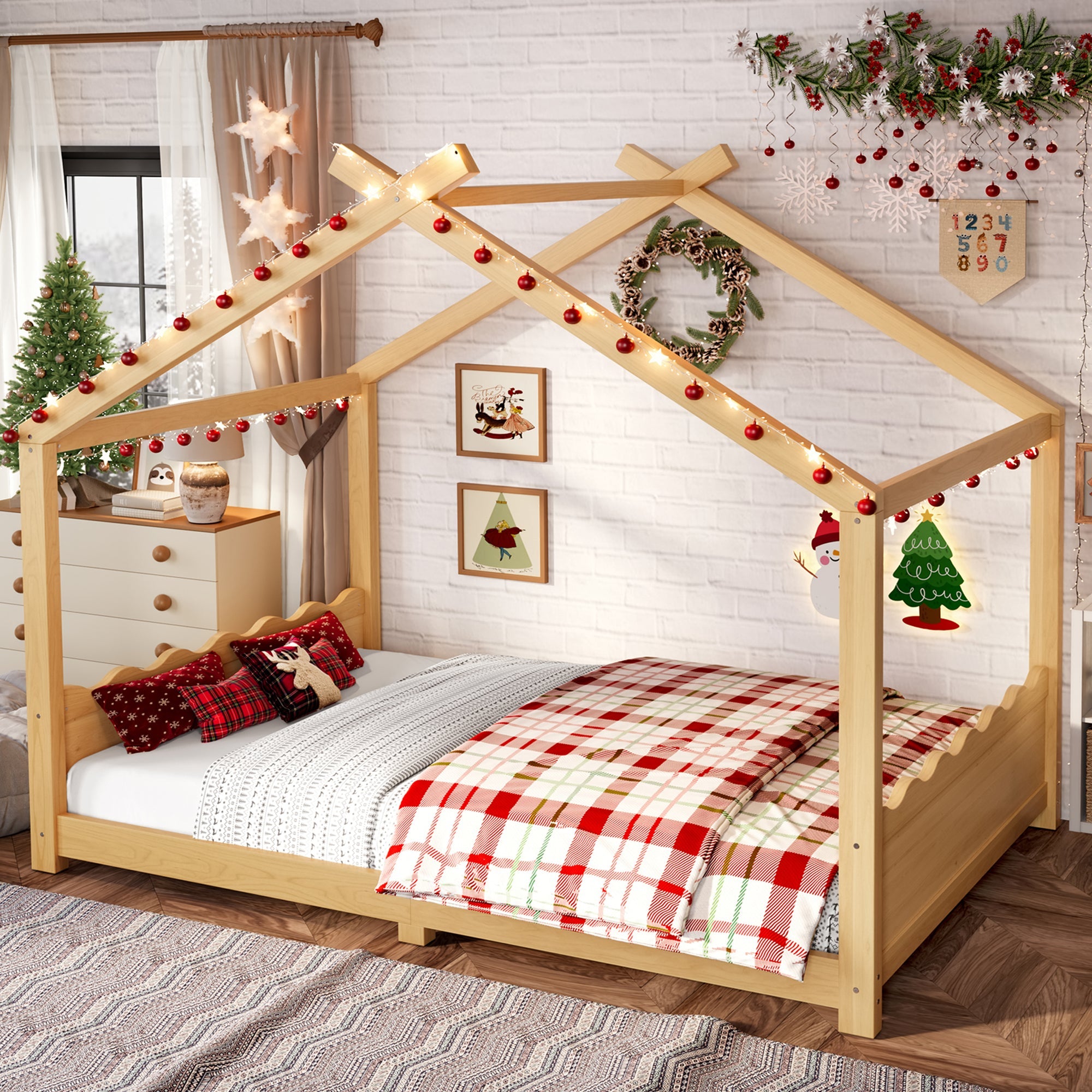 Full House Floor Bed with Support Slats, Solid Wood House Bed Frame for Kids, No Box Spring Needed and Opening Constructure, Natural