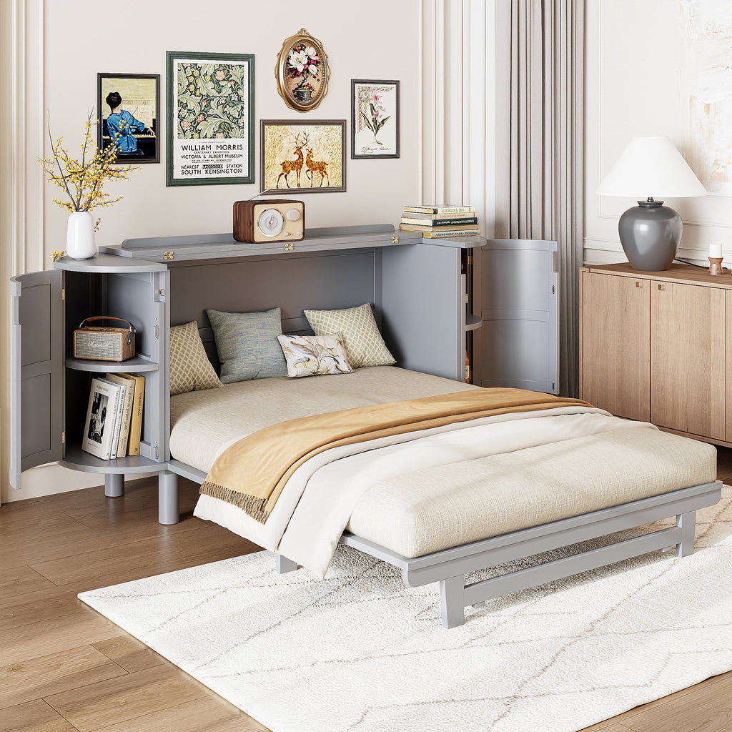 Queen Murphy Bed with Hidden Storage & Modern Woven Design,Gray