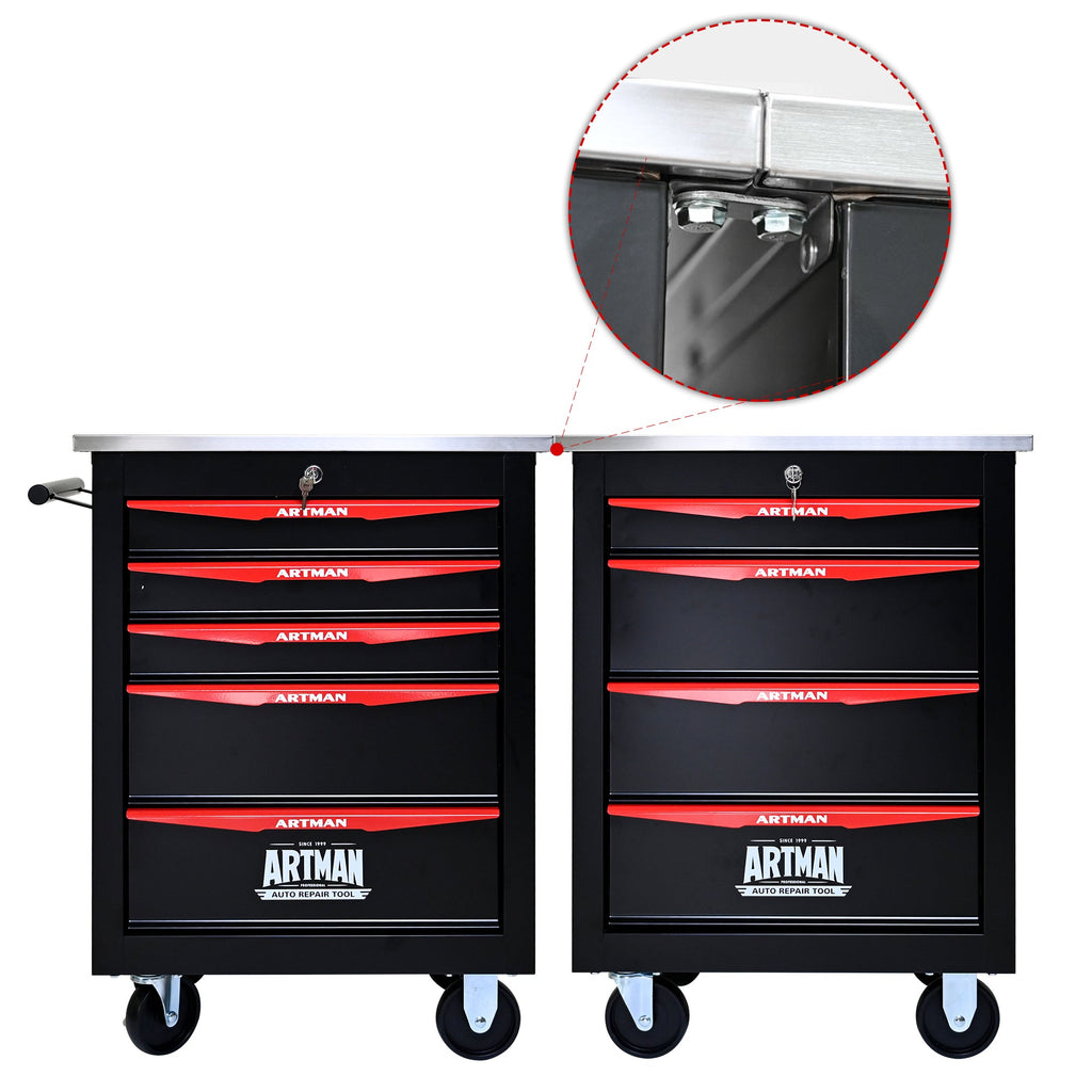 5-Drawer Multifunctional Tool Cart with Wheels, Metal Rolling Tool Cart Storage for Garage Workshop Warehouse Repair Shop - with Stainless Steel Roof - Black & Red