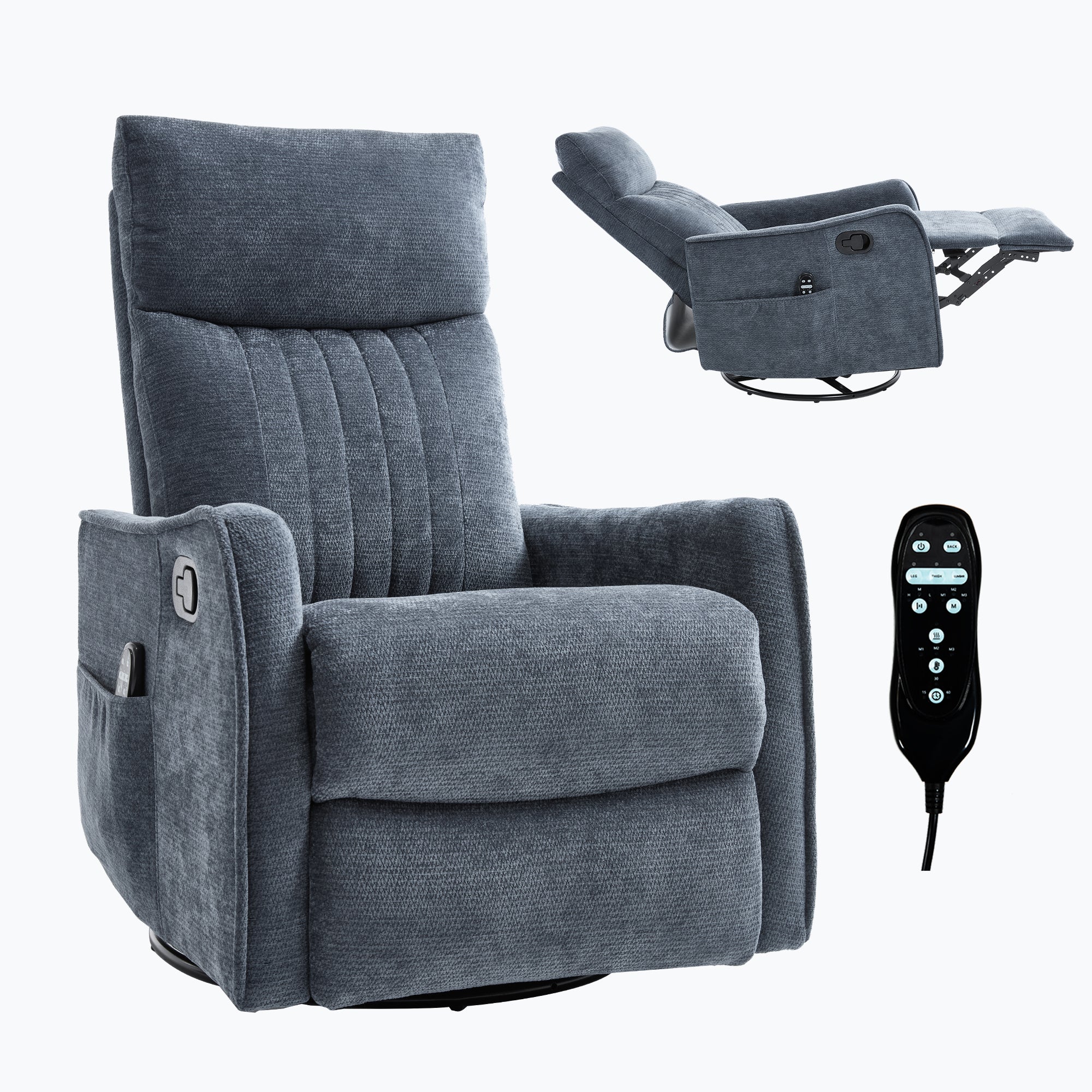 Blue Heat Massage Manual Recliner Chair with Rocker and Swivel in Fabric for Living Room