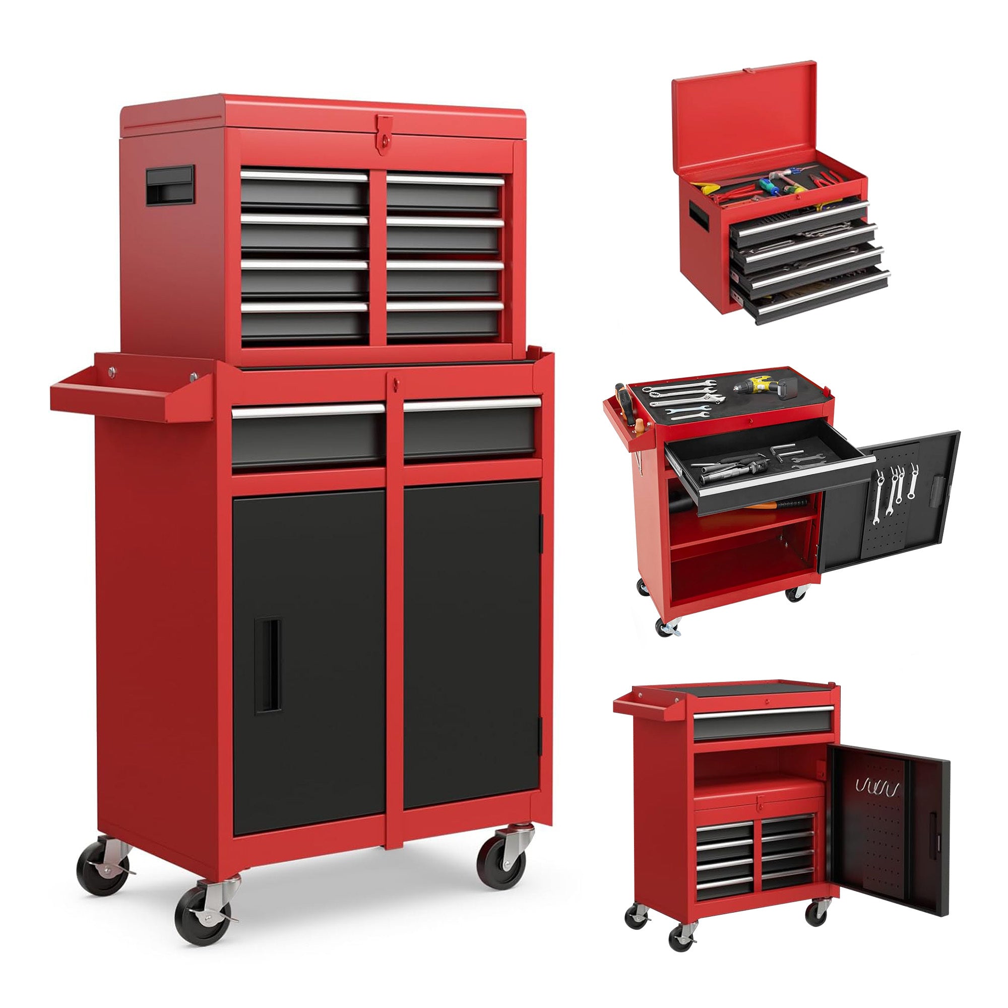 Tool Chest, 5-Drawer Rolling Tool Storage Cabinet with Detachable Top Tool Box, Liner, Universal Lockable Wheels, Adjustable Shelf, Locking Mechanism, Metal Tool Cart for Garage Workshop