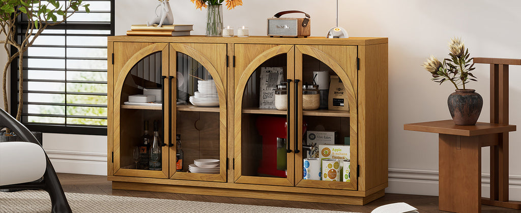 TREXM 4-Door Large Storage Sideboard Buffet Cabinet with Glass Doors, Arched Cabinet with Adjustable Shelves for Kitchen, Dining Room and Living Room (Natural Wood)