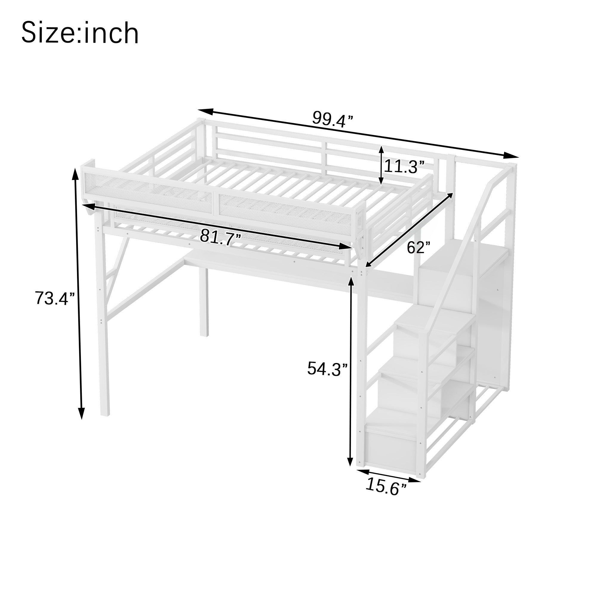 Queen Loft Bed with Desk and Charging Station, Queen Size Metal Loft Bed with Stairs and Light for Kids Teens,White(Old SKU W2580S00033)