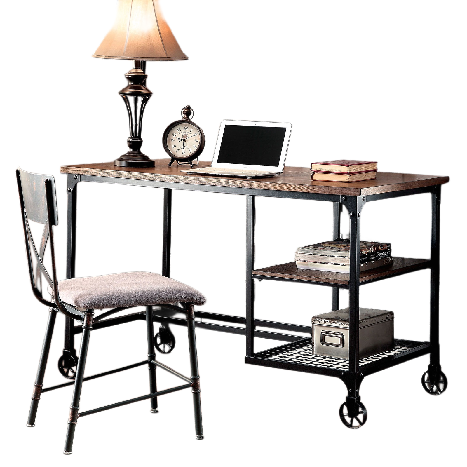 Industrial Inspired Desk With An Antique Black Metal Construction Replicated Wood Top And Caster Wheel Accents