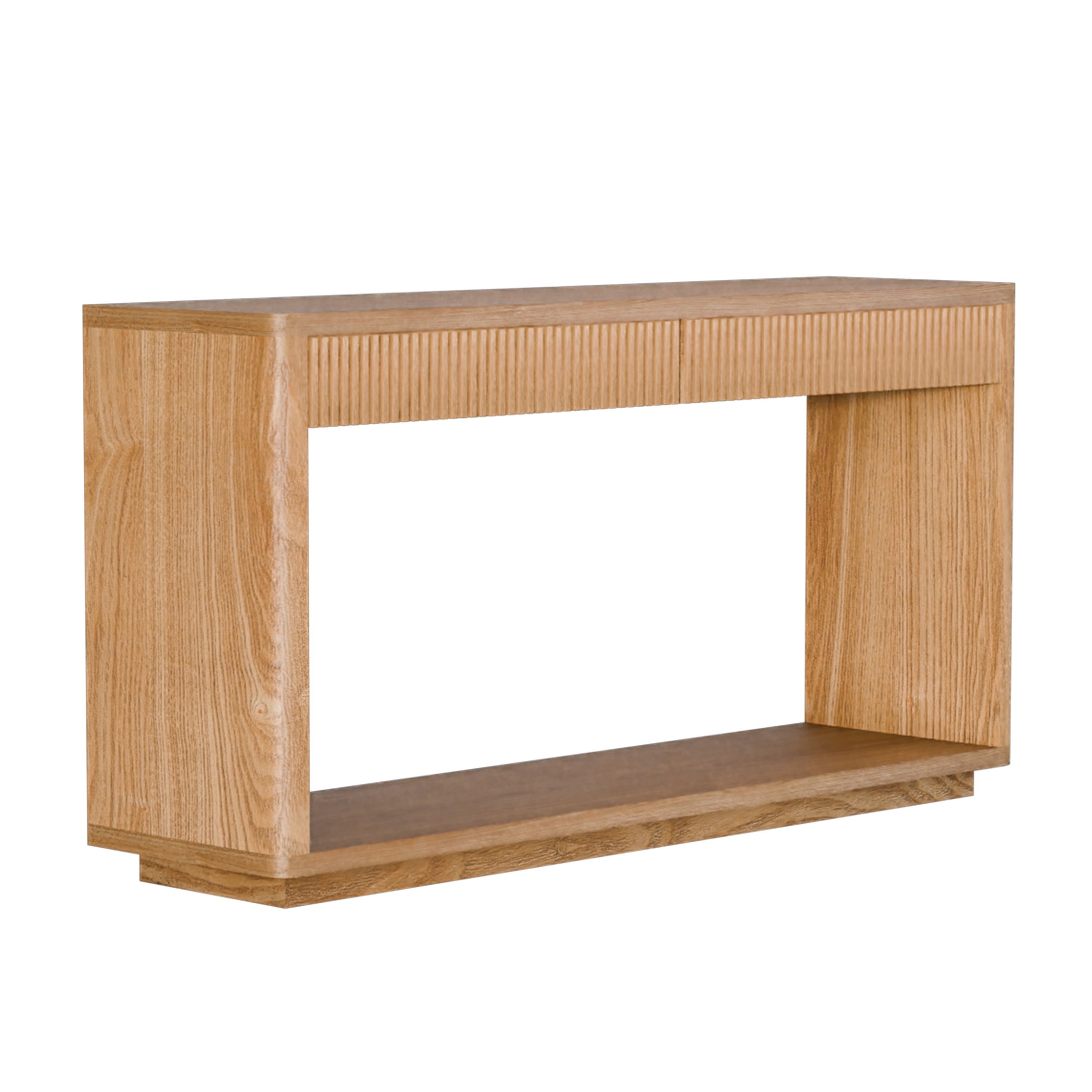 60' Modern 2-Drawer Fluted Console Table Natural Wood Veneer Sofa Table Behind Couch Table for Living Room, Hallway, Entryway, Home Office, Natural Wood