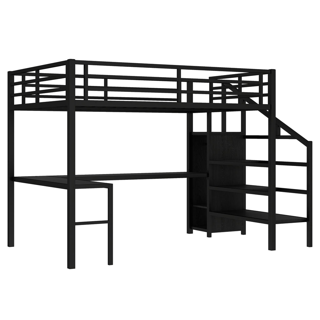 Queen Size Loft Bed with L-shaped Desk and USB, Metal Loft Bed with Wardrobe and Adjustable Shelf, High Loft Bed with LED for Kids Teens Adults, Black