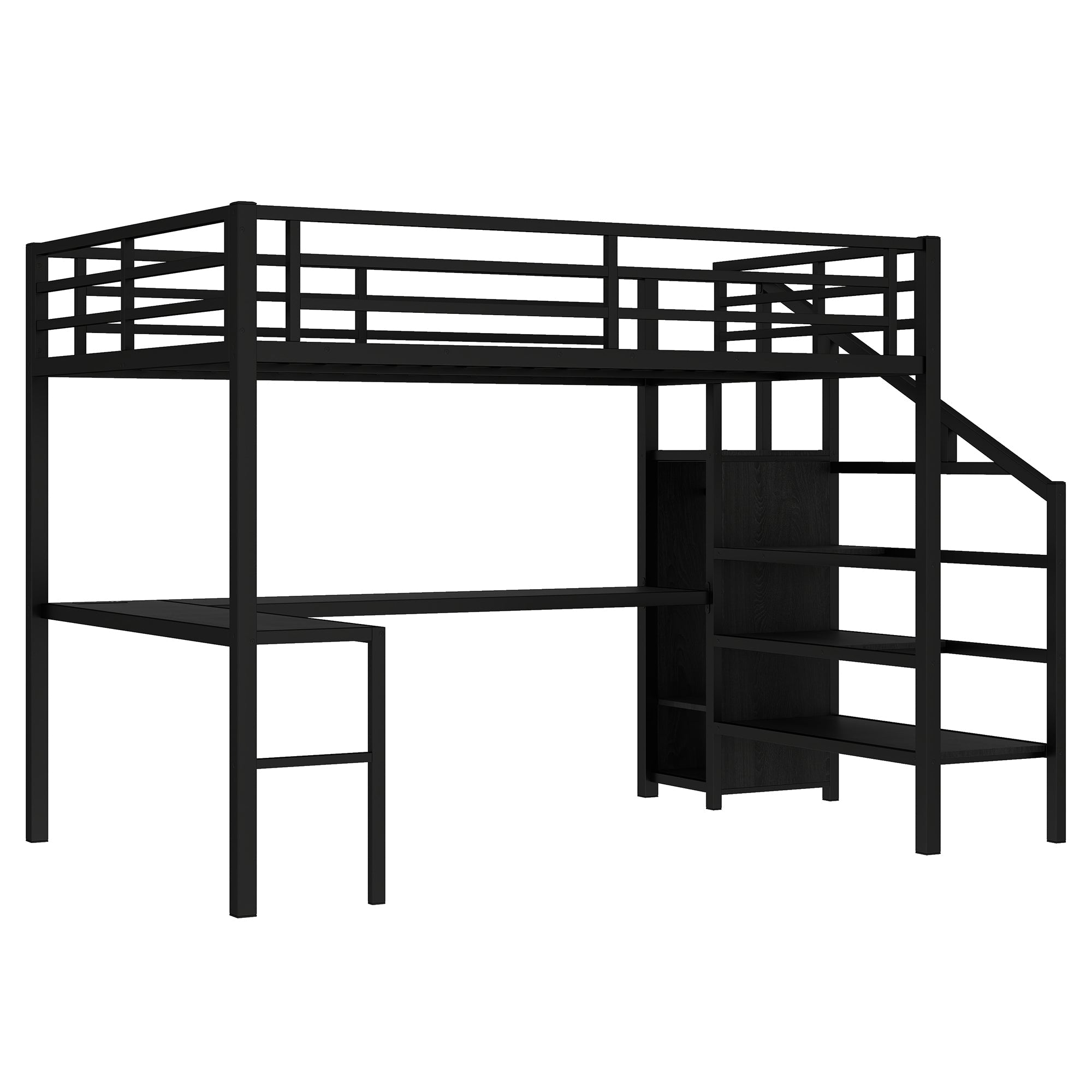 Queen Size Loft Bed with L-shaped Desk and USB, Metal Loft Bed with Wardrobe and Adjustable Shelf, High Loft Bed with LED for Kids Teens Adults, Black