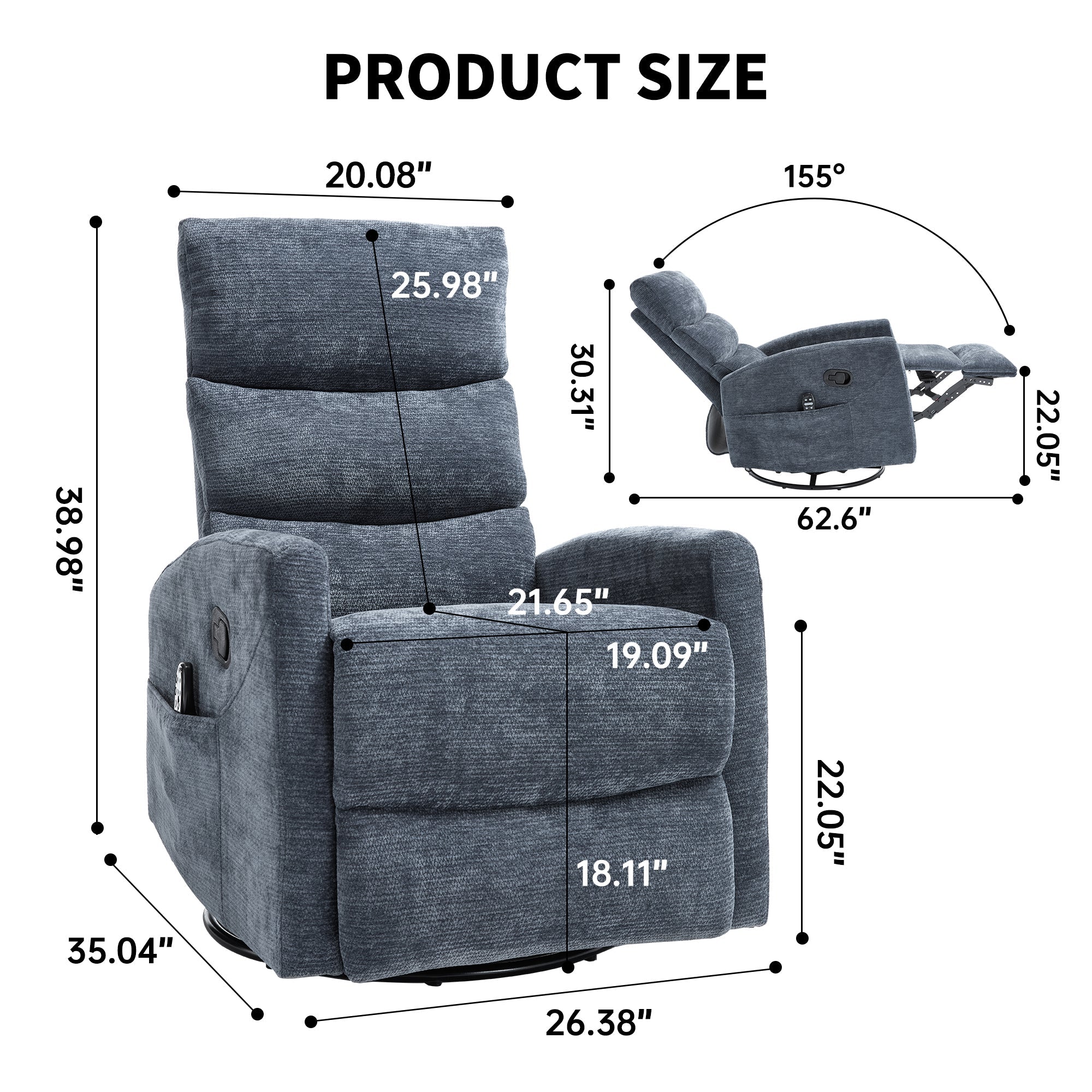 Heat Massage Manual Recliner Chair with Rocker and Swivel in Fabric for Living Room, Blue