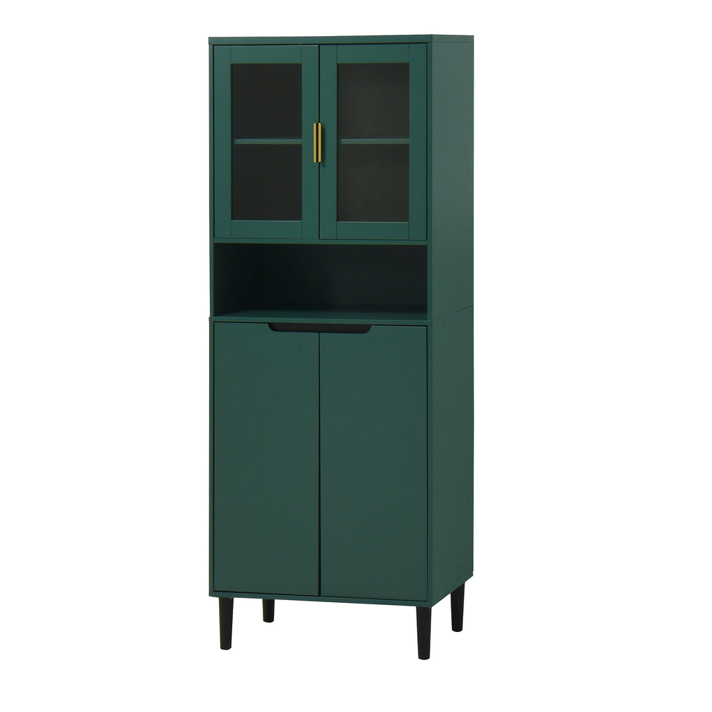 Tall Storage Bookcase with 2 Glass Display Door & 2 Doors, Tall Kitchen Pantry Cabinet with Gold Handles, Modern Cabinet Freestanding Living Room Green