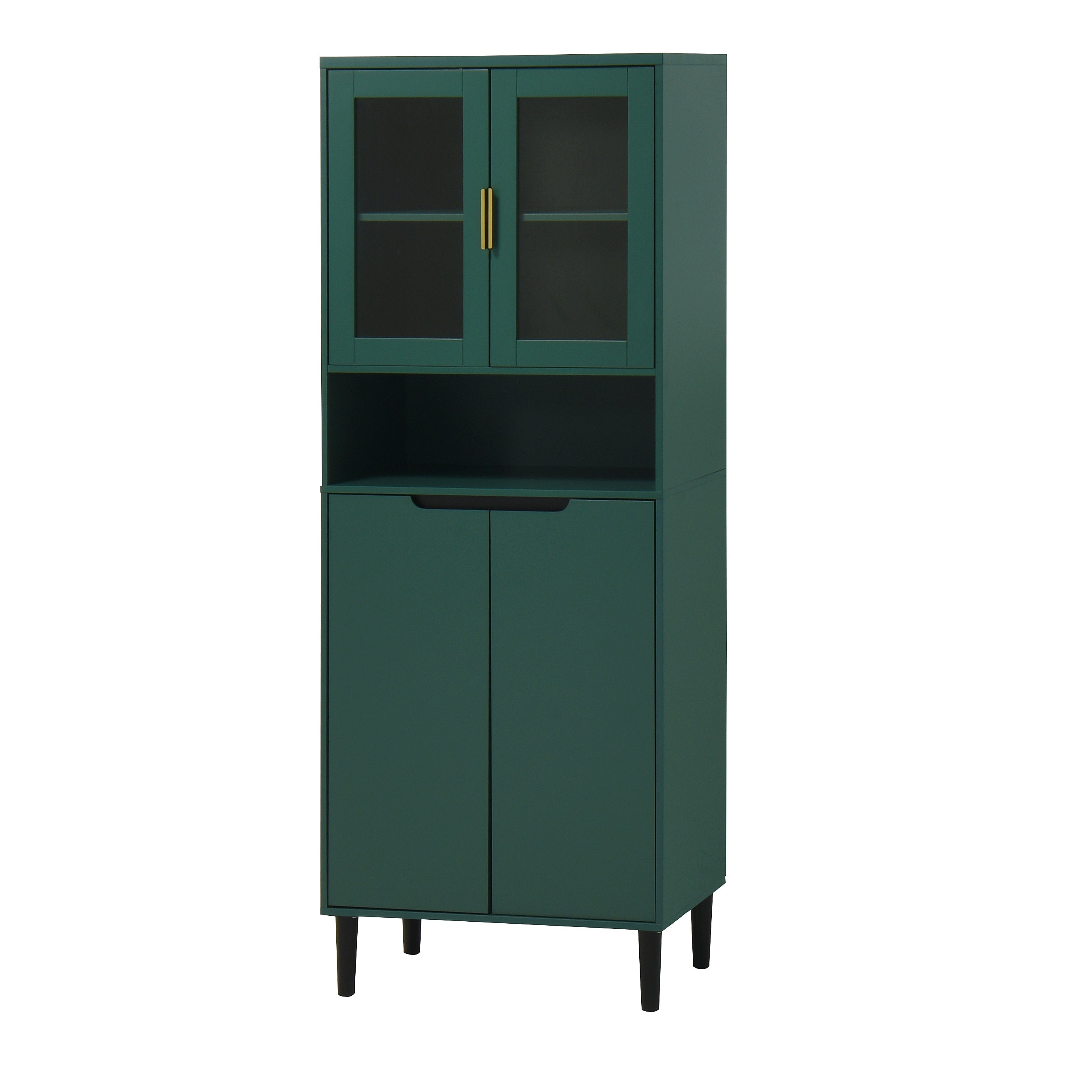 Tall Storage Bookcase with 2 Glass Display Door & 2 Doors, Tall Kitchen Pantry Cabinet with Gold Handles, Modern Cabinet Freestanding Living Room Green