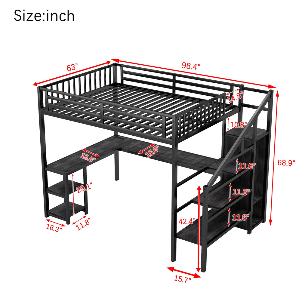 Metal Queen Loft Bed with Wardrobe and LED Light, Queen Size Loft Bed with L Shaped Desk and USB for Kids Teens Adults, Black(Old SKU W2593S00033)