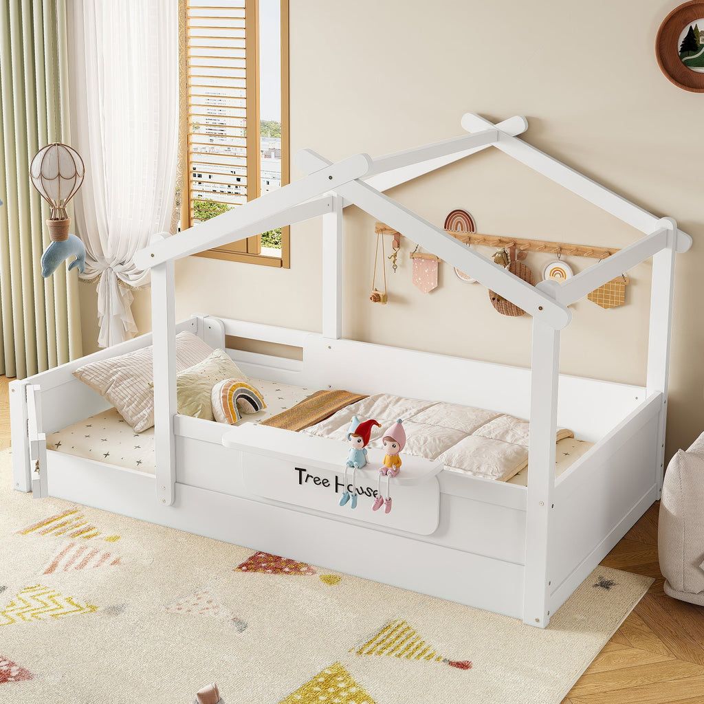 Twin Size Floor Bed with Guardrails and Roof, Kids House Floor Bed with a Small Built-in Tray and Free-installed Signboard, Childlike Design, White