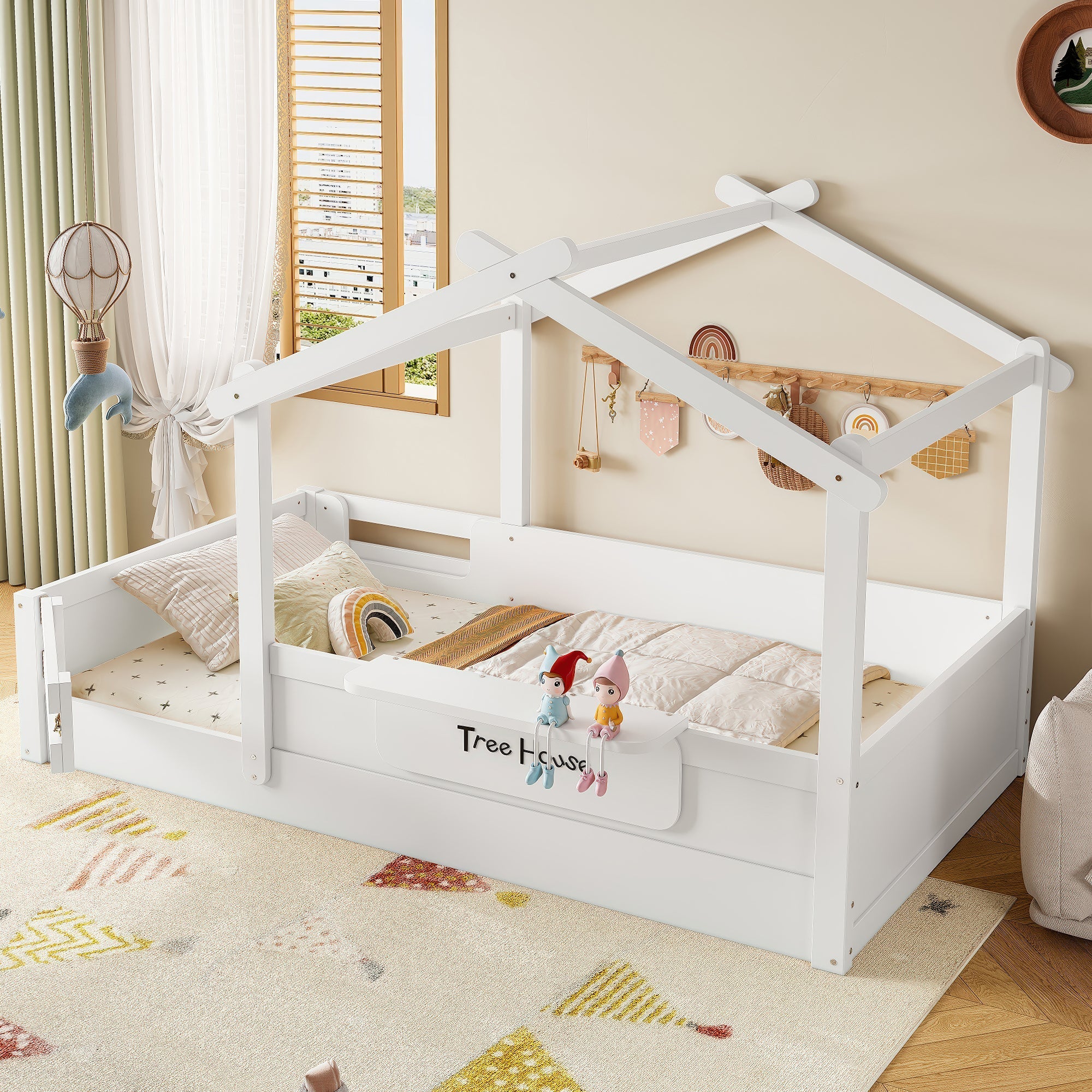 Twin Size Floor Bed with Guardrails and Roof, Kids House Floor Bed with a Small Built-in Tray and Free-installed Signboard, Childlike Design, White