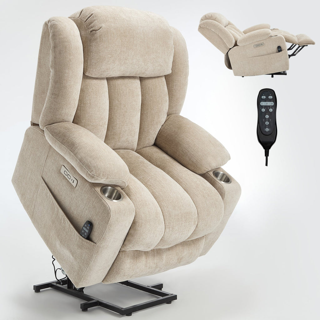 Up to 350 LBS Chenille Power Lift Recliner Chair, Heavy Duty Motion Mechanism with 8-Point Vibration Massage and Lumbar Heating, USB and Type-C Ports, Stainless Steel Cup Holders, Beige