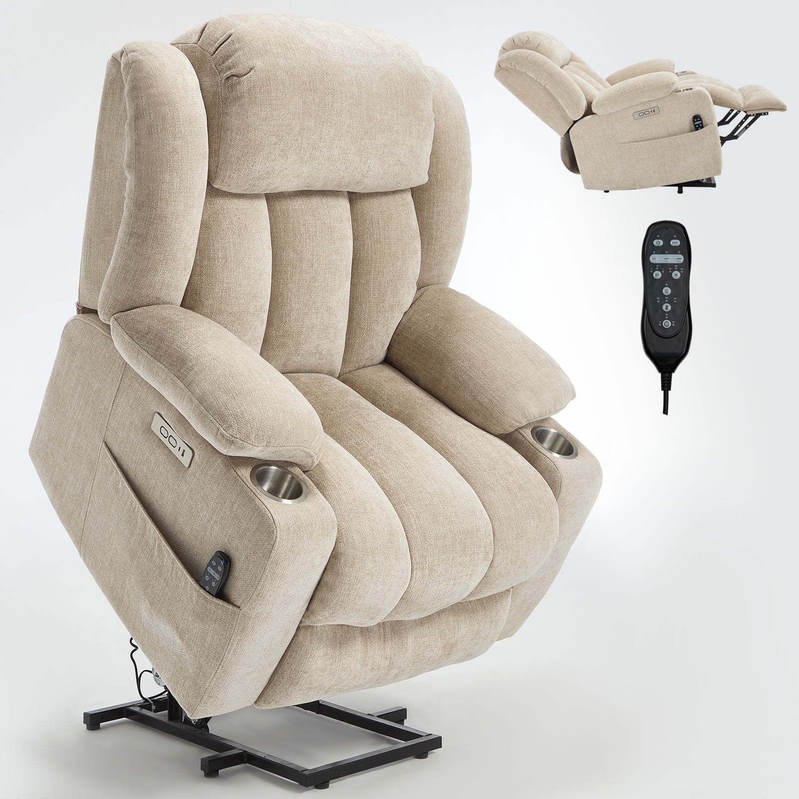 Up to 350 LBS Chenille Power Lift Recliner Chair, Heavy Duty Motion Mechanism with 8-Point Vibration Massage and Lumbar Heating, USB and Type-C Ports, Stainless Steel Cup Holders, Beige
