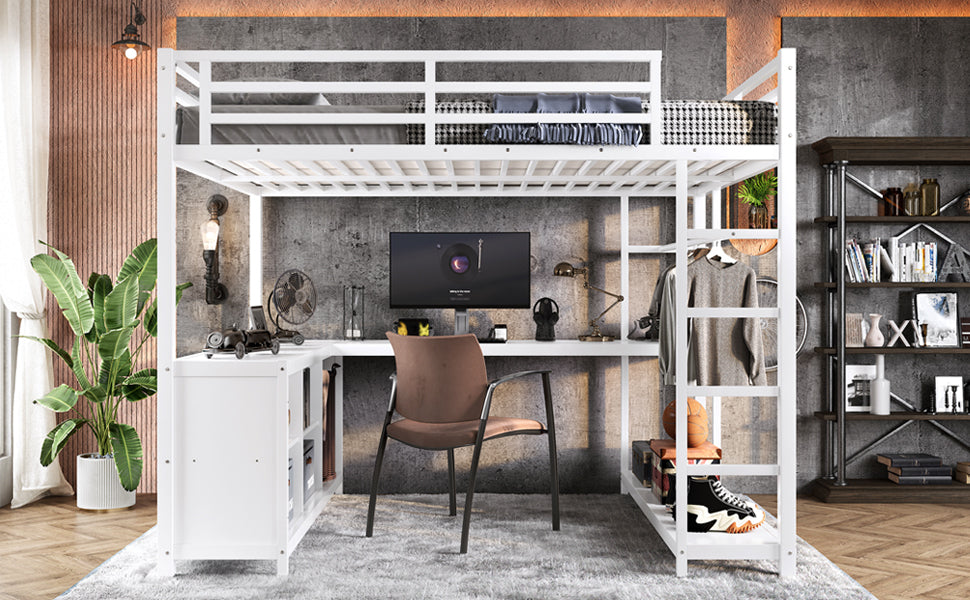 Metal Loft Bed with Wardrobe and L-shaped Desk, Queen Size Loft Bed with Storage Cubes and Shelves, Loft Bed for Kids Teens Adults, White