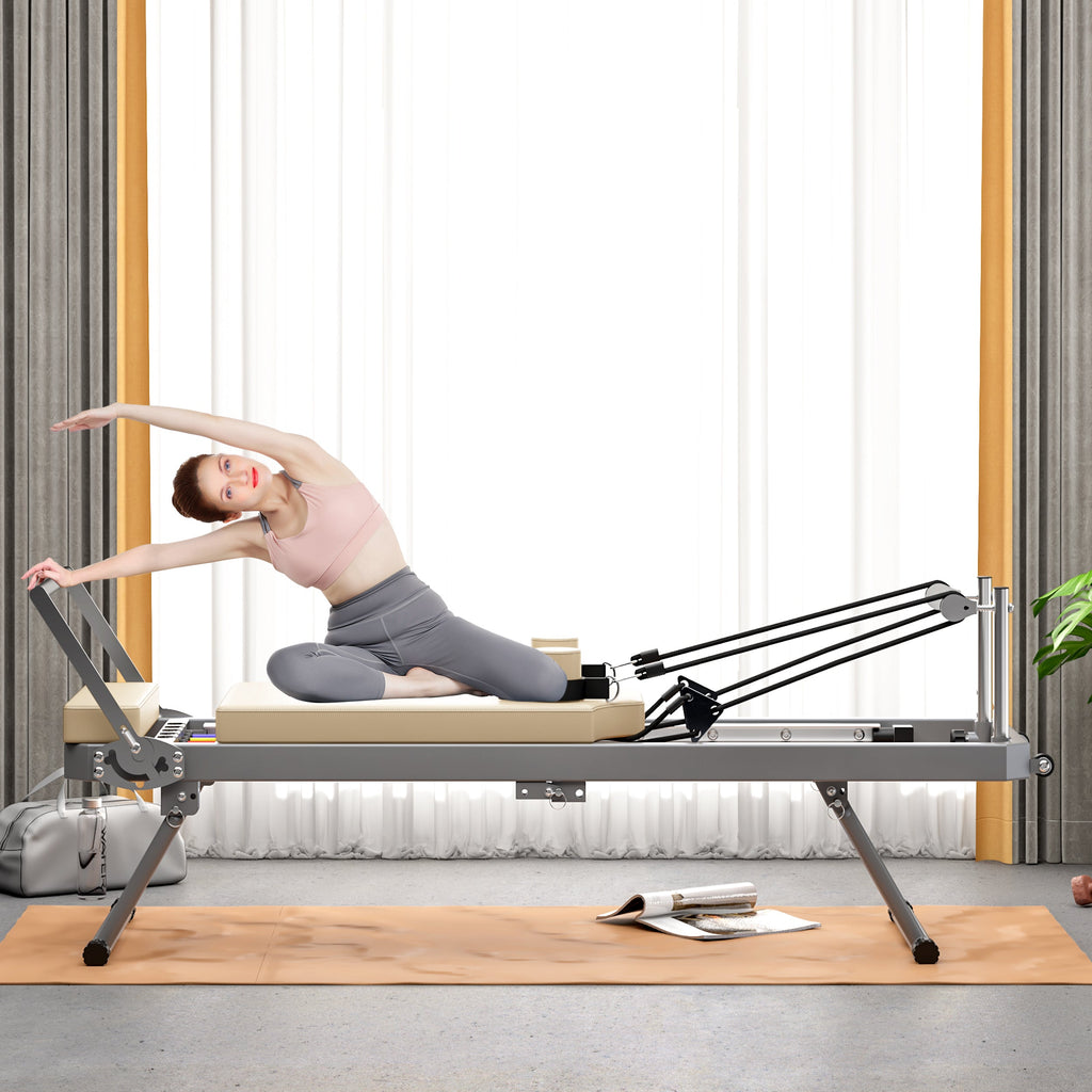 Pilates Reformer Machine for Home Gym Workout, Foldable Pilates Equipment with High Strength Alloy Springs for Beginners, Up to 330lbs,Beige