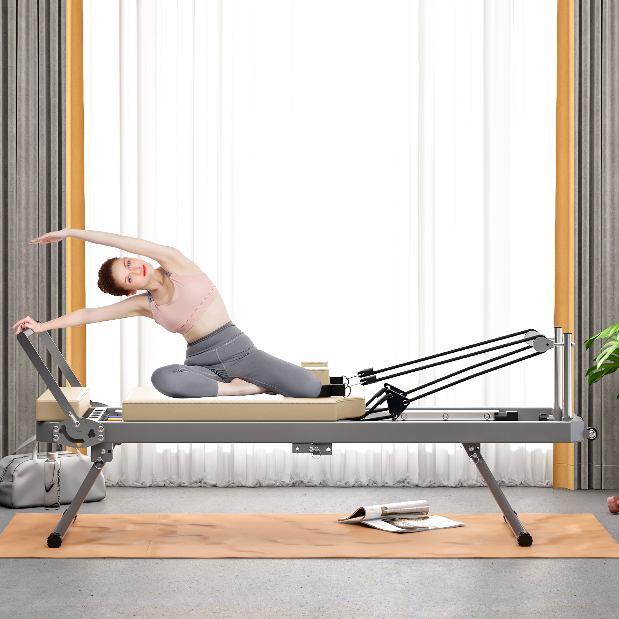 Pilates Reformer Machine for Home Gym Workout, Foldable Pilates Equipment with High Strength Alloy Springs for Beginners, Up to 330lbs,Beige