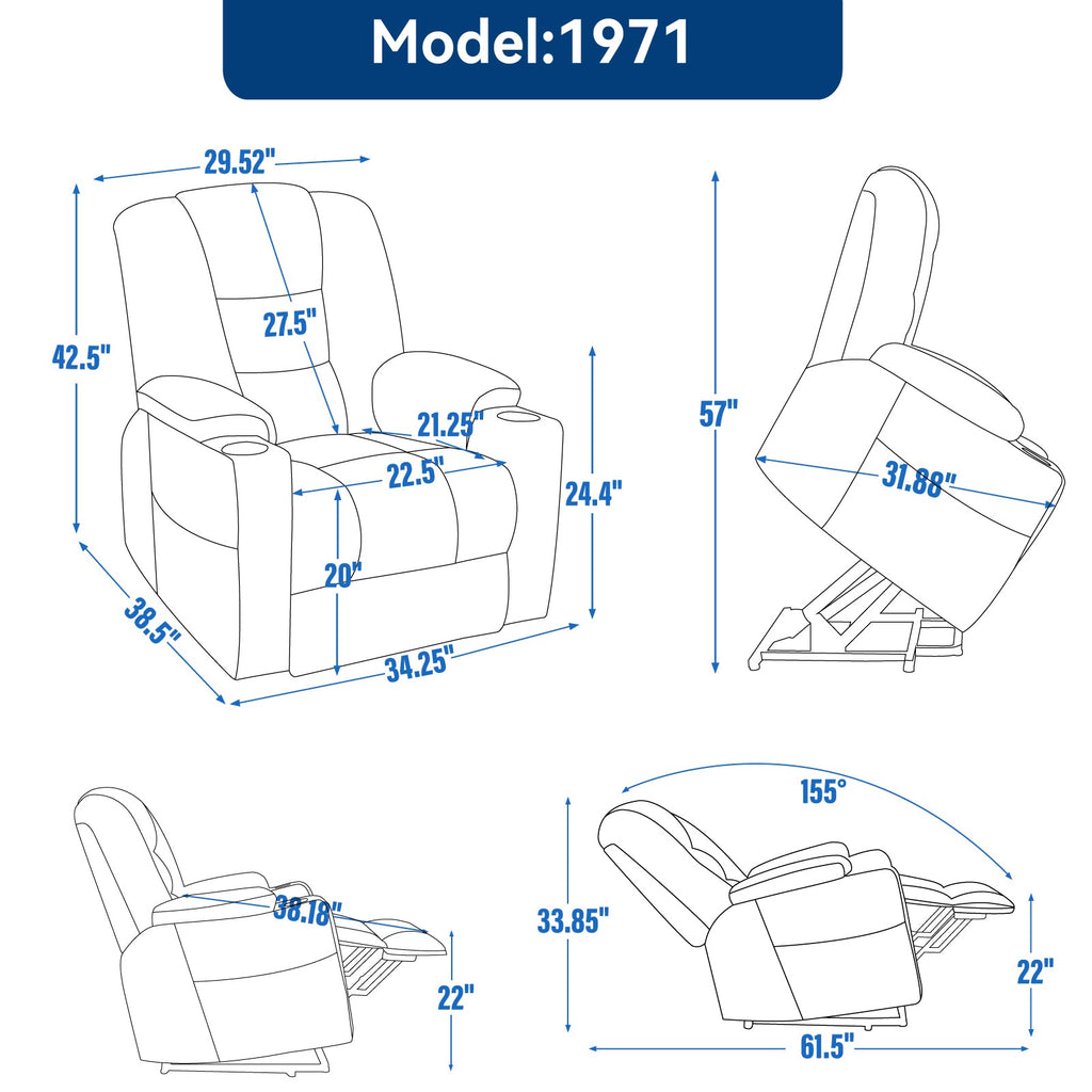 Power Lift Recliner Chair with Massage and Heat for Elderly, Overstuffed Wide Recliners, Heavy Duty Motion Mechanism with USB and Type C Ports, 2 Steel Cup Holders, Light Grey