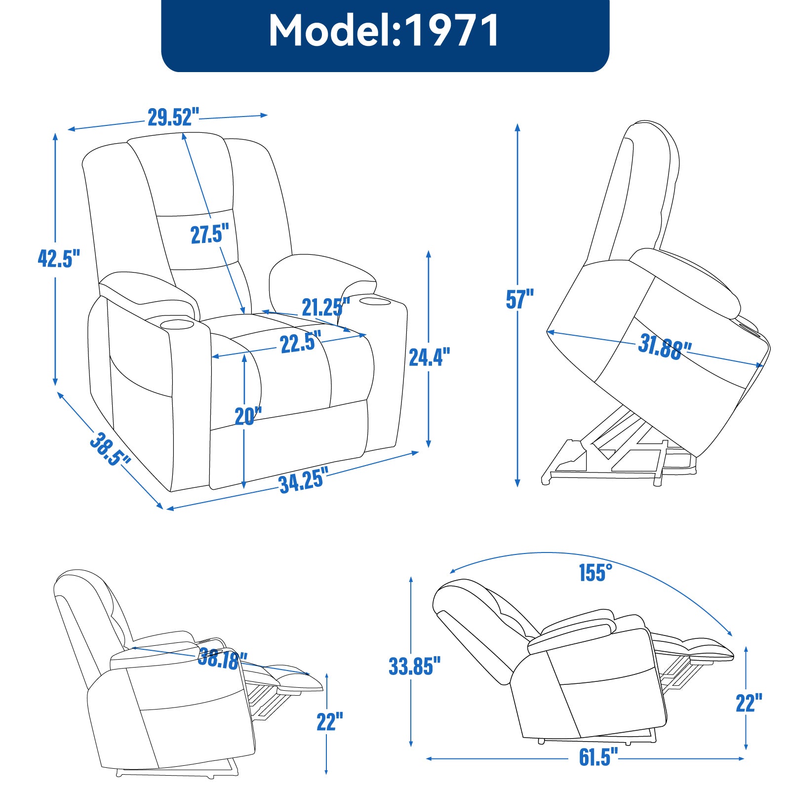 Power Lift Recliner Chair with Massage and Heat for Elderly, Overstuffed Wide Recliners, Heavy Duty Motion Mechanism with USB and Type C Ports, 2 Steel Cup Holders, Light Grey