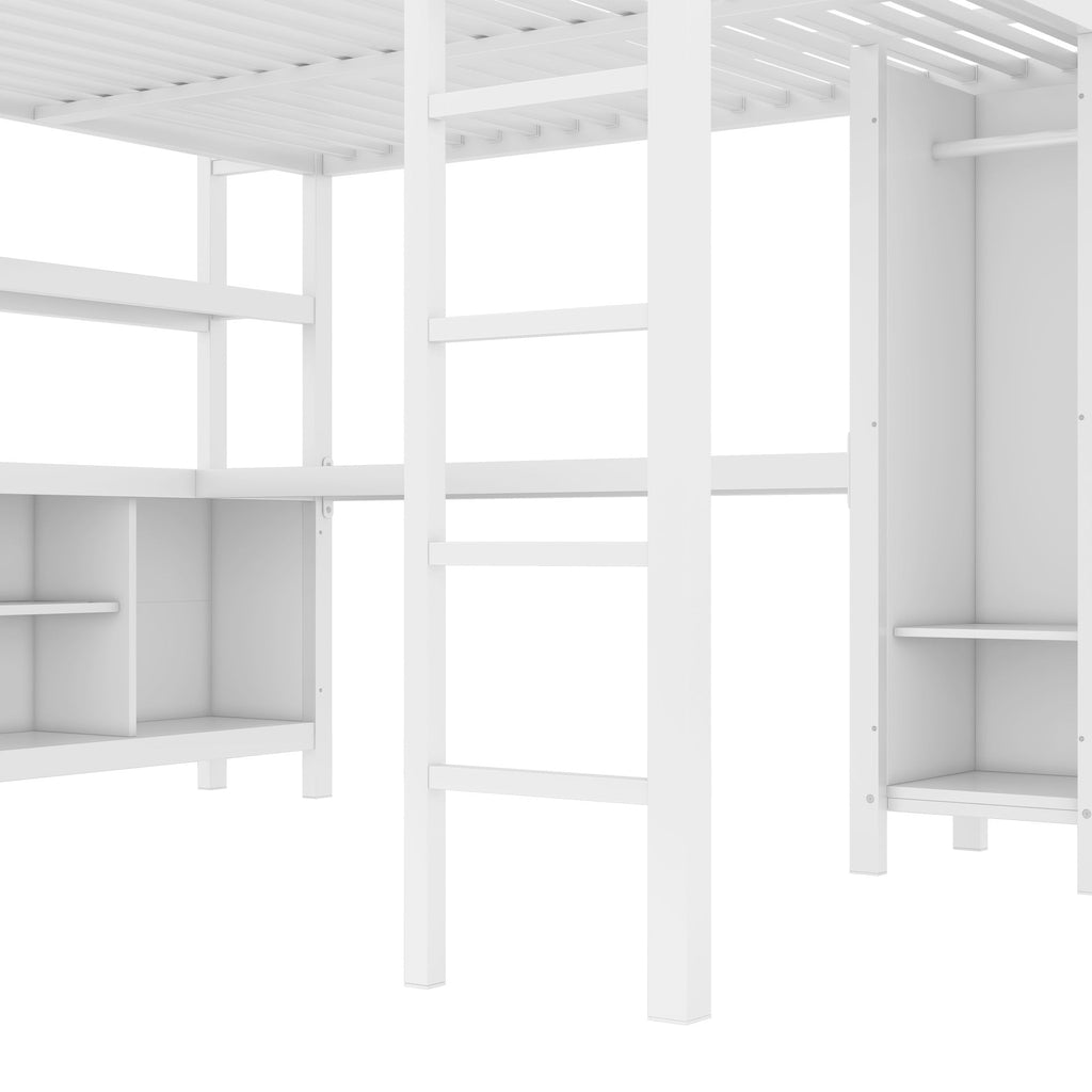 Metal Loft Bed with Wardrobe And L-shaped Desk, Queen Size Loft Bed with Storage Cubes and Shelves, Heavy Duty Loft Bed for Kids Teens Adults, White