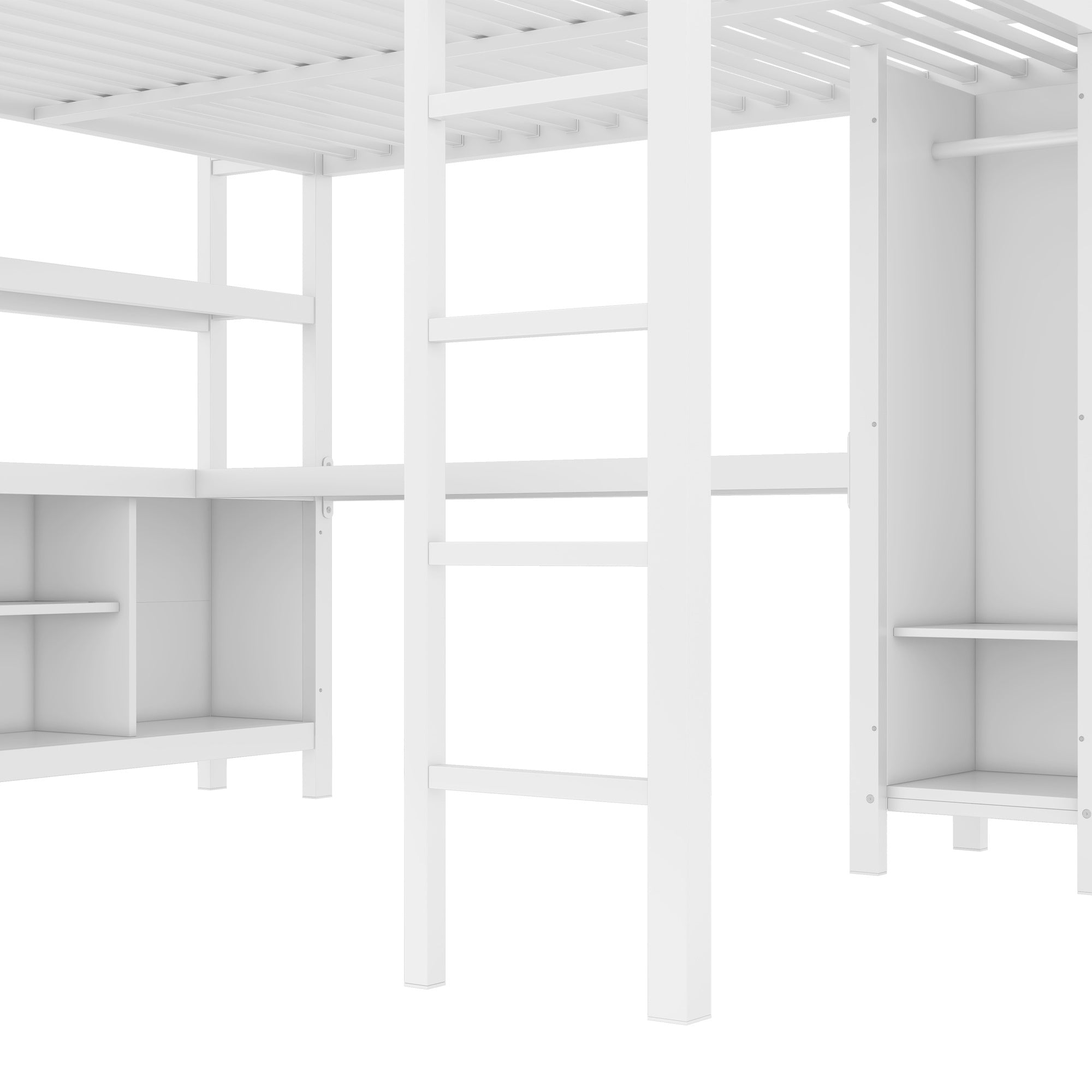 Metal Loft Bed with Wardrobe And L-shaped Desk, Queen Size Loft Bed with Storage Cubes and Shelves, Heavy Duty Loft Bed for Kids Teens Adults, White