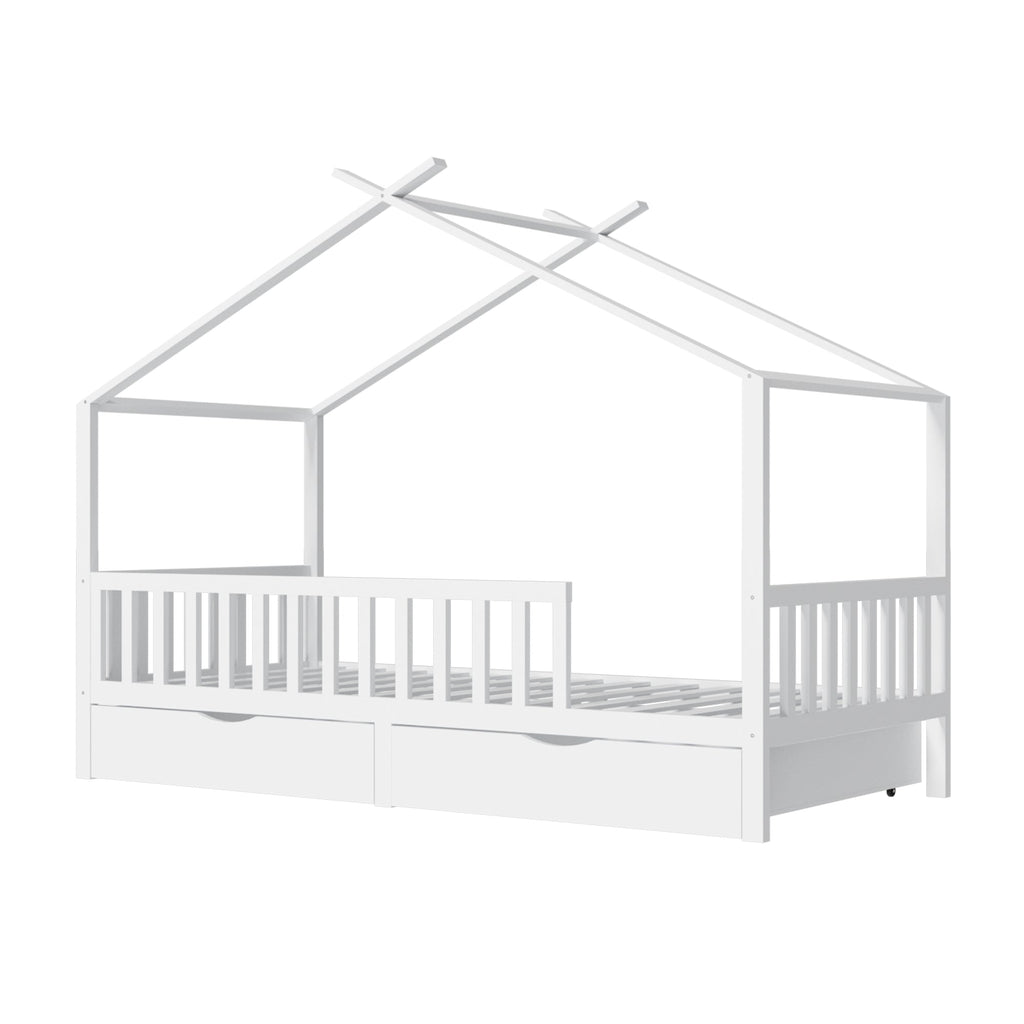 Full House Bed with 2 Storage Drawers, Kids Full Bed Frame with Rails and Roof, Tent Bed, Wooden Full Daybed, Full Montessori Bed for Kids Teens Girls & Boys, No Box Spring Needed (White)