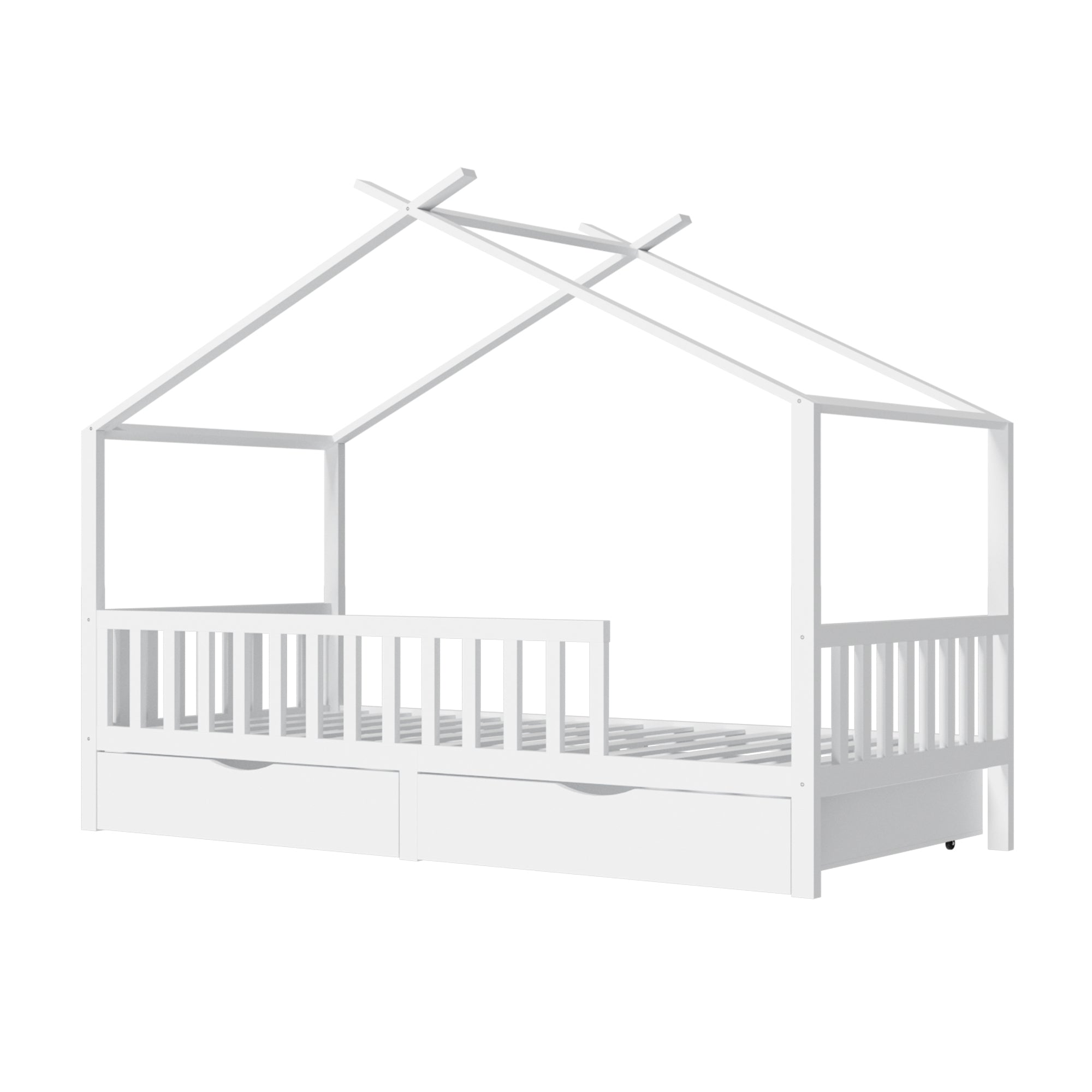 Full House Bed with 2 Storage Drawers, Kids Full Bed Frame with Rails and Roof, Tent Bed, Wooden Full Daybed, Full Montessori Bed for Kids Teens Girls & Boys, No Box Spring Needed (White)