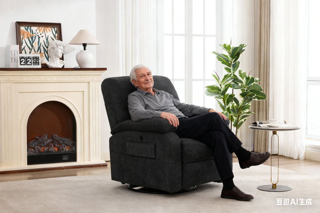 Hot massage manual lounge chair, with rocker arms and rotating fabric, with cup bucket, for living room, black