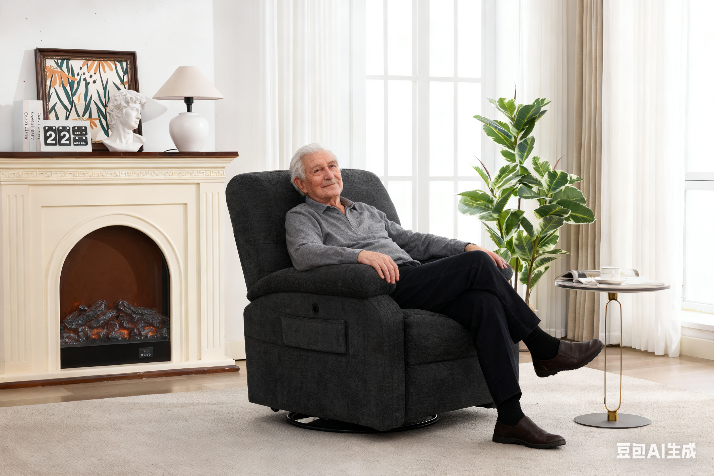 Hot massage manual lounge chair, with rocker arms and rotating fabric, with cup bucket, for living room, black
