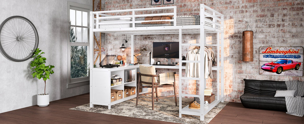 Metal Loft Bed with Wardrobe and L-shaped Desk, Full Size Loft Bed with Storage Cubes and Shelves, Loft Bed for Kids Teens Adults, White