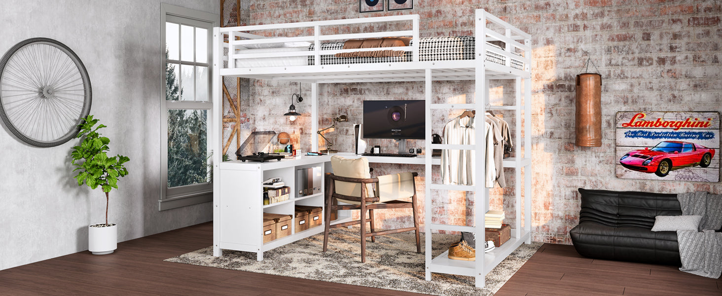 Metal Loft Bed with Wardrobe and L-shaped Desk, Full Size Loft Bed with Storage Cubes and Shelves, Loft Bed for Kids Teens Adults, White