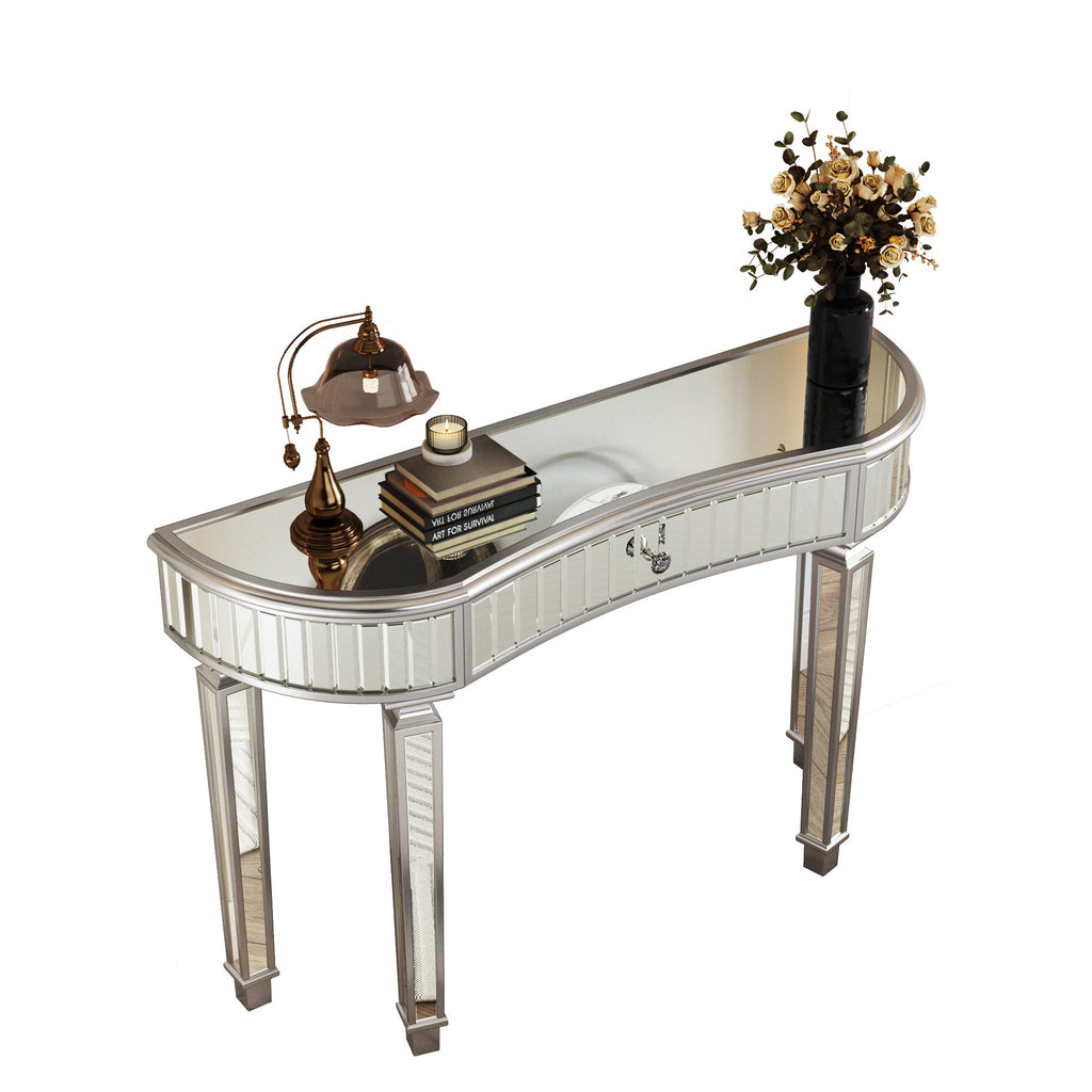 47' Half-Moon Mirrored Console Table with Fluted Glass & Crystal Knob Drawer - Silver Entryway Vanity Desk for Bedroom/Dressing Room(Grey+Sliver)
