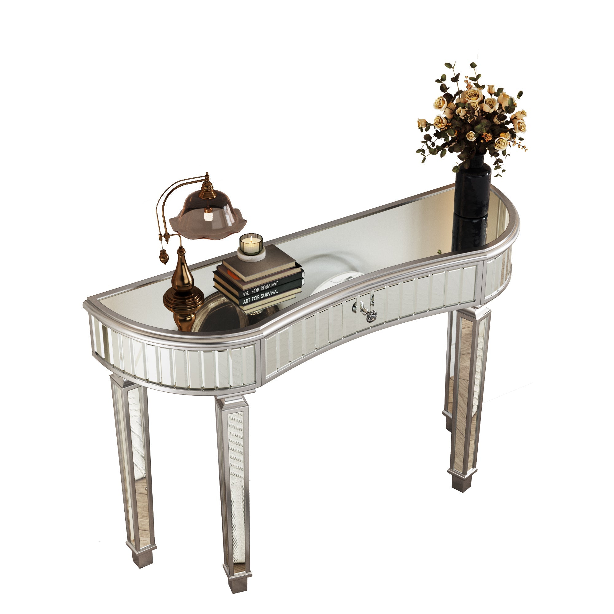 47' Half-Moon Mirrored Console Table with Fluted Glass & Crystal Knob Drawer - Silver Entryway Vanity Desk for Bedroom/Dressing Room(Grey+Sliver)