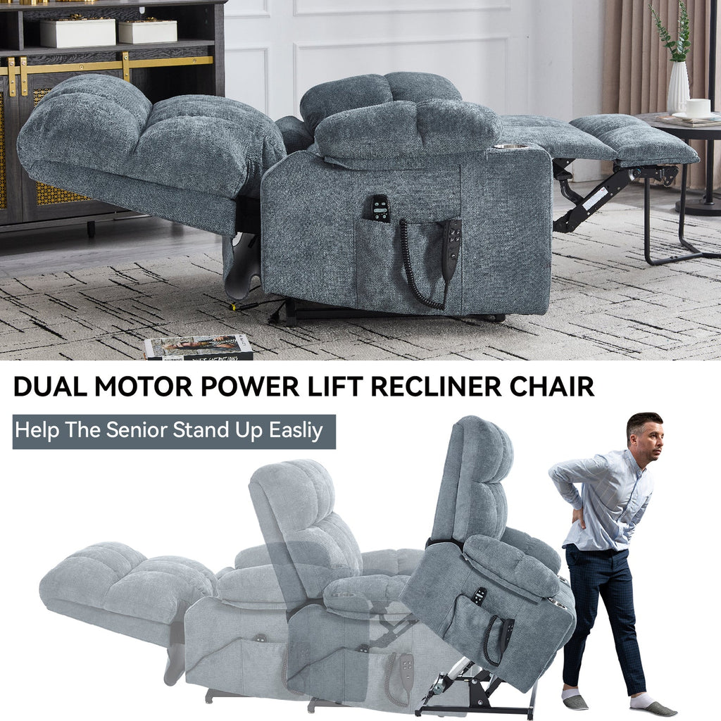 Grey Dual Motor Infinite Position Up to 350 LBS Chenille Power Lift Recliner Chair, Heavy Duty Motion Mechanism with 8-Point Vibration Massage and Lumbar Heating, Dual Cup Holders