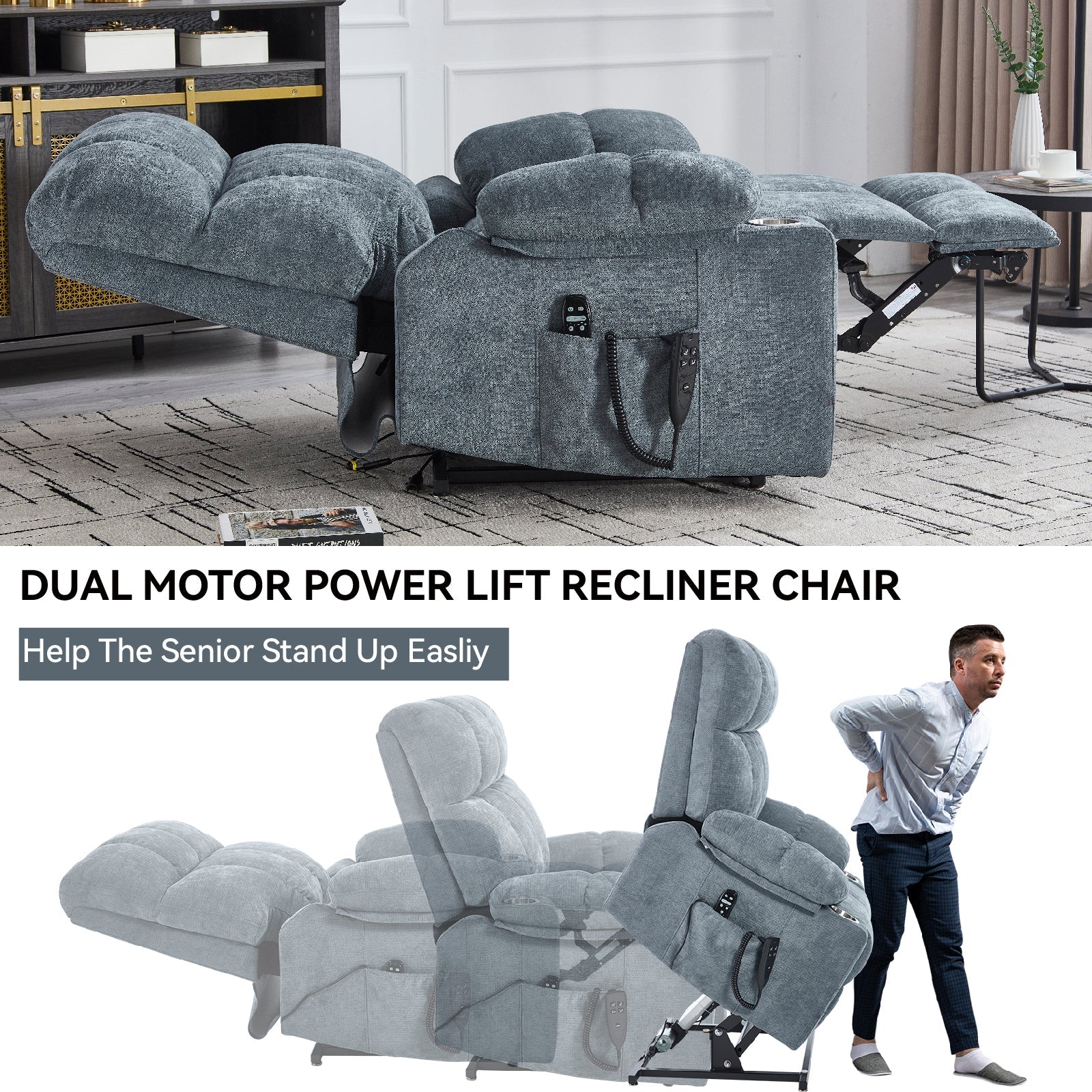 Grey Dual Motor Infinite Position Up to 350 LBS Chenille Power Lift Recliner Chair, Heavy Duty Motion Mechanism with 8-Point Vibration Massage and Lumbar Heating, Dual Cup Holders