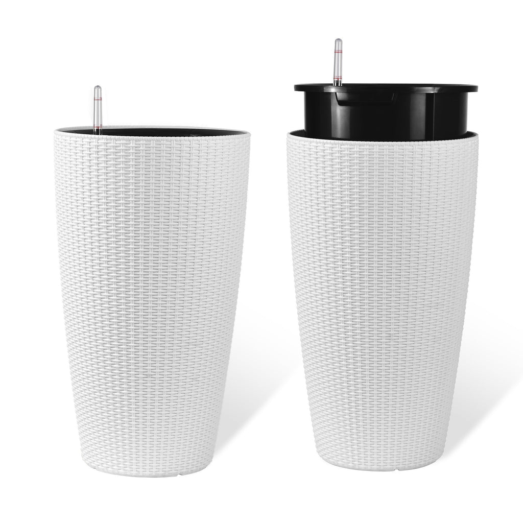 Faux Rattan Tall Planters Set with Water Level Monitor and Automatic Watering, White, Polypropylene, 22 Inch