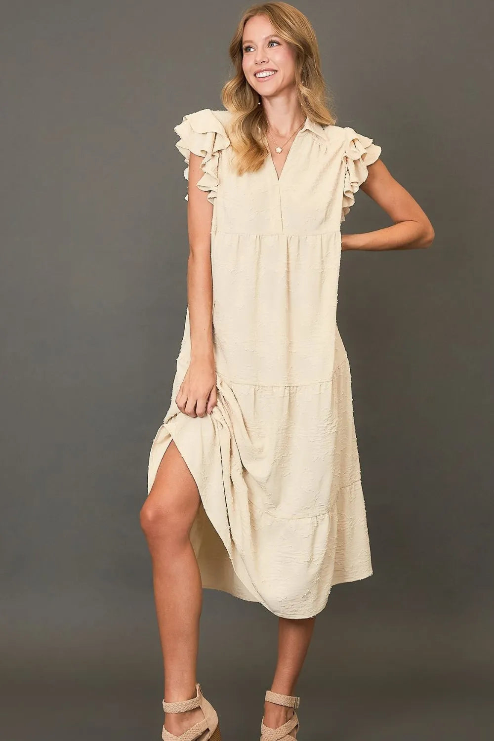 Umgee Full Size Tiered Floral Burnout Ruffle Sleeve Midi Dress Plus Size