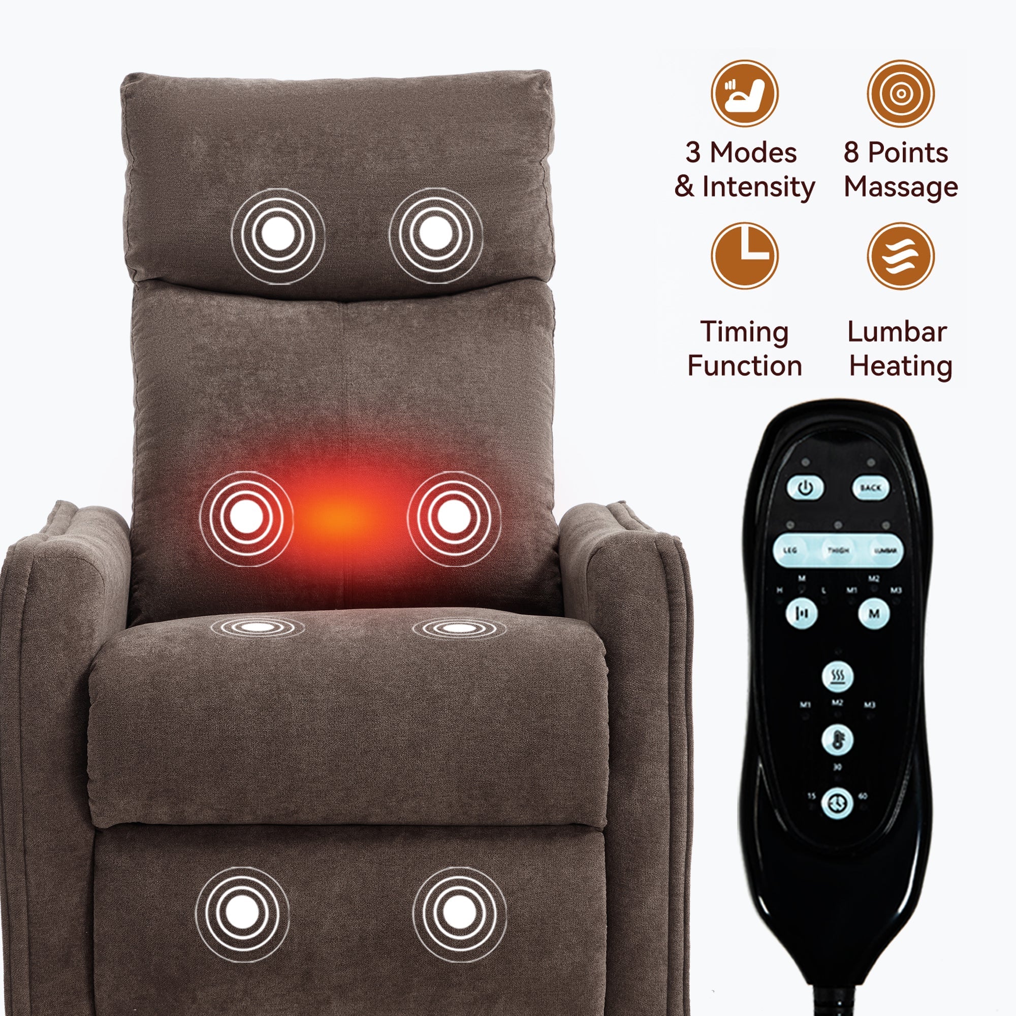 Heat Massage Manual Recliner Chair with Rocker and Swivel in Fabric for Living Room, Brown