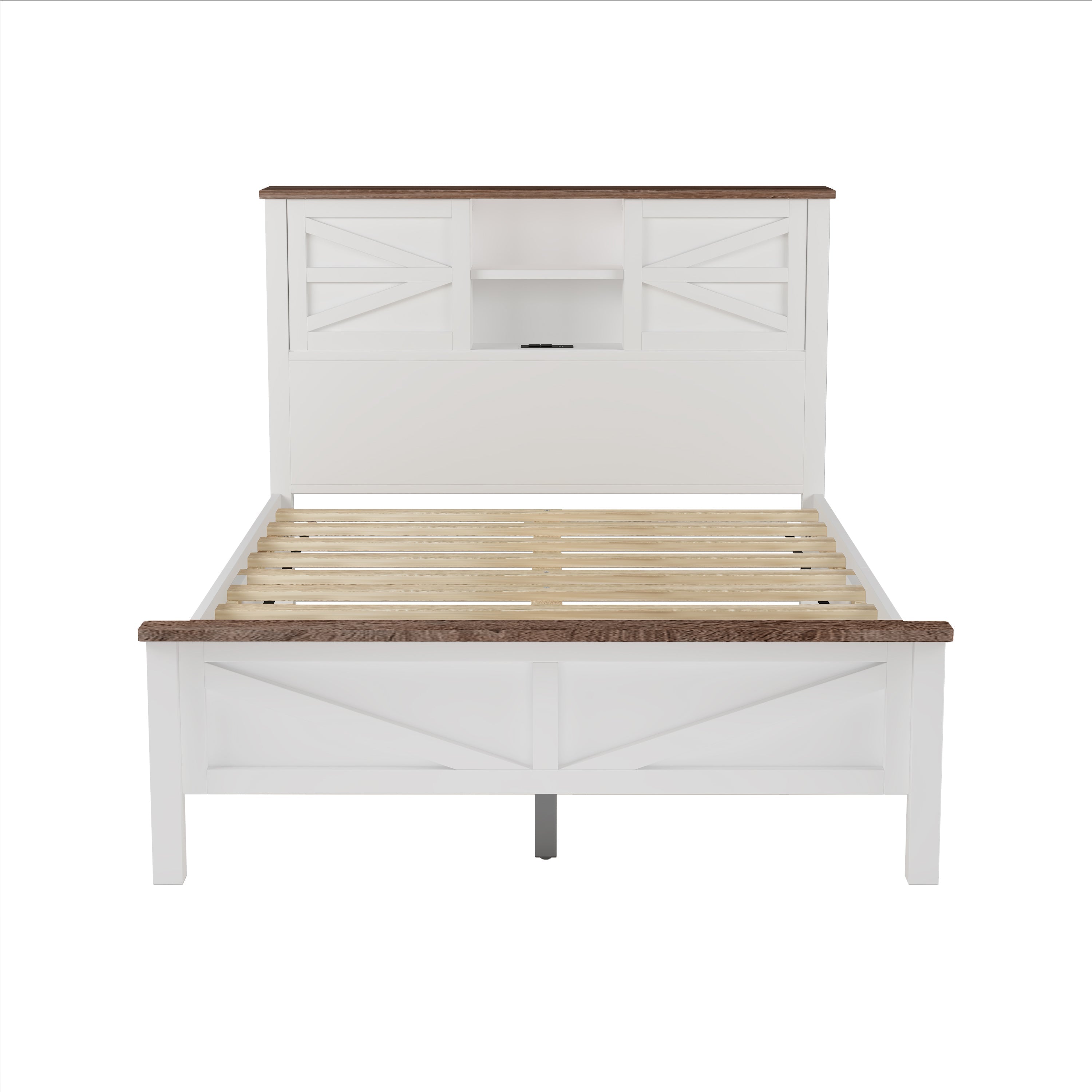 3-Pieces Bedroom Sets Full Size Farmhouse Platform Bed with Double Sliding Door Storage Headboard and Charging Station, Storage Nightstand and Dresser, White+Brown(Old SKU HL000091AAK)