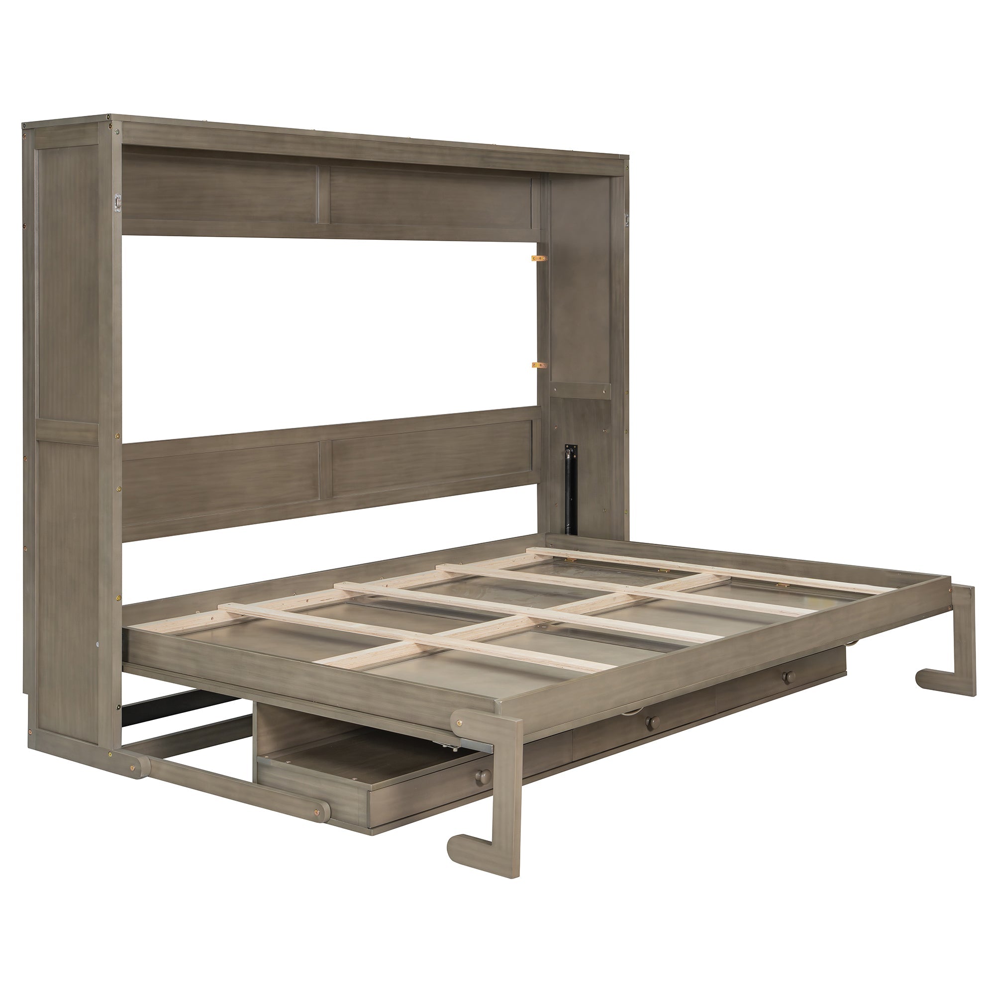 Queen Size Wall Murphy Bed with Storage, Foldable Cabinet Bed with Vanity Desk, Center Mirror & 2 Side Drawers, Distressed Gray