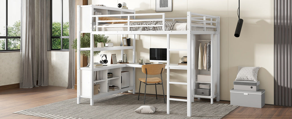 Metal Loft Bed with Wardrobe And L-shaped Desk, Queen Size Loft Bed with Storage Cubes and Shelves, Heavy Duty Loft Bed for Kids Teens Adults, White