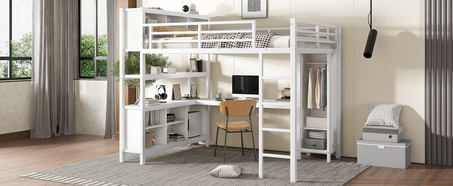 Metal Loft Bed with Wardrobe And L-shaped Desk, Queen Size Loft Bed with Storage Cubes and Shelves, Heavy Duty Loft Bed for Kids Teens Adults, White