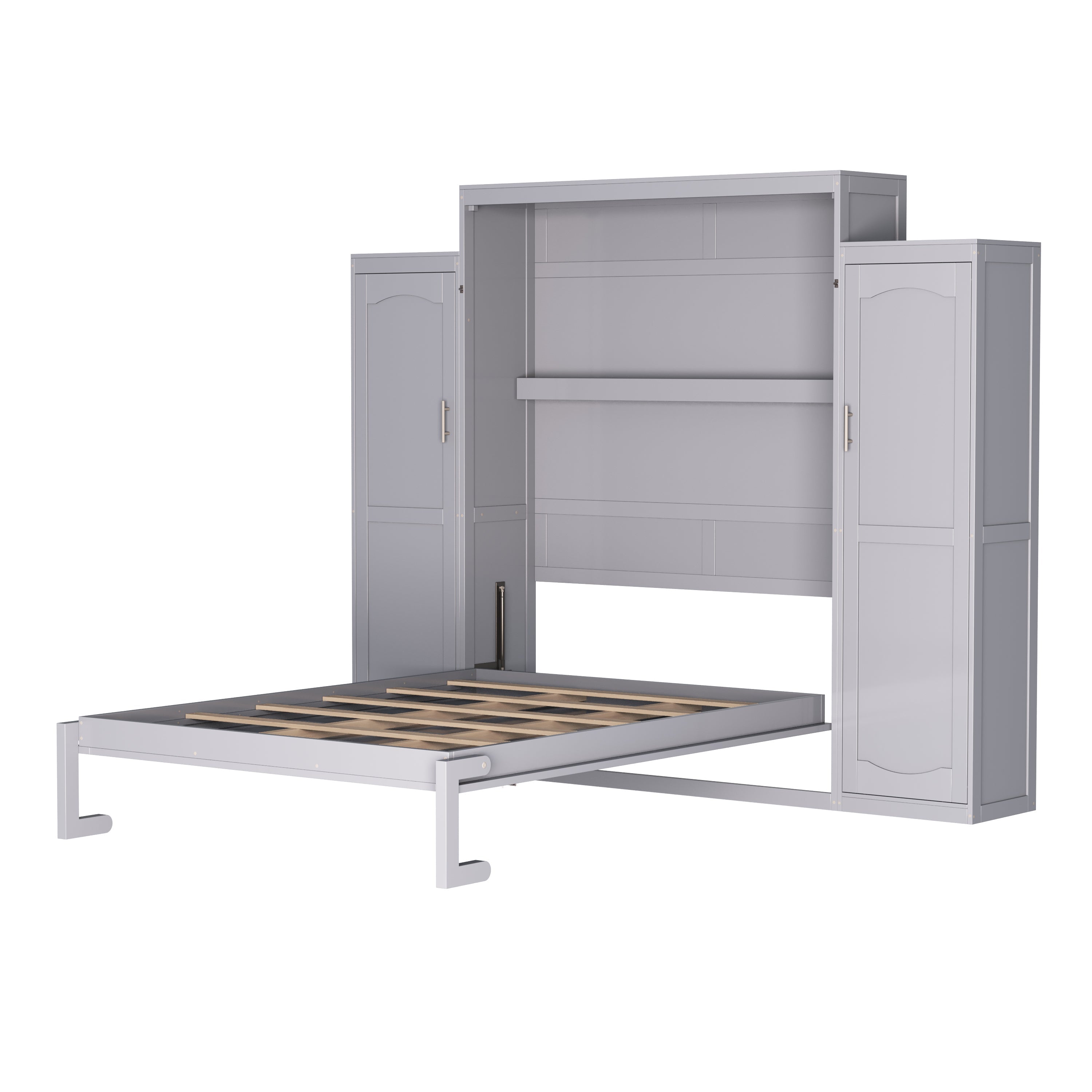 Queen Size Murphy Bed, Wooden Queen Wall Bed with 2 Wardrobe and Storage Shelf, Multifunctional Foldable Platform Bedframe for Guest-Room, Bedroom, Gray