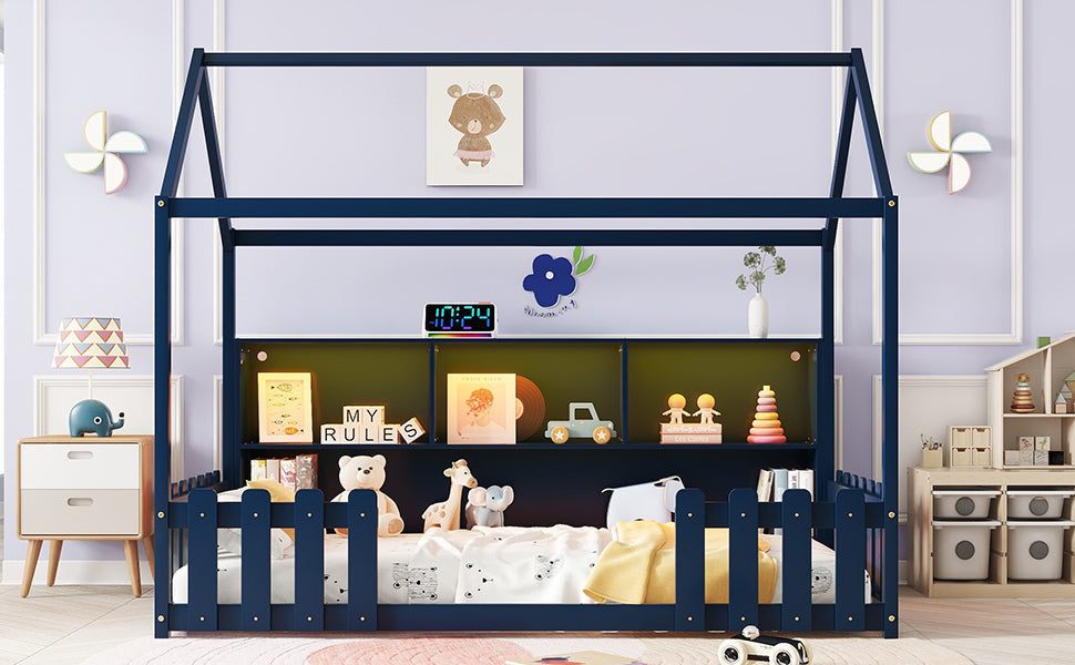 Twin Size House Bed with LED Light, Wood House Bed with Storage Bookshelf, Floor House Bed with Guardrails for Kids, Navy Blue (Expect Arrival Date 2025/3/14)