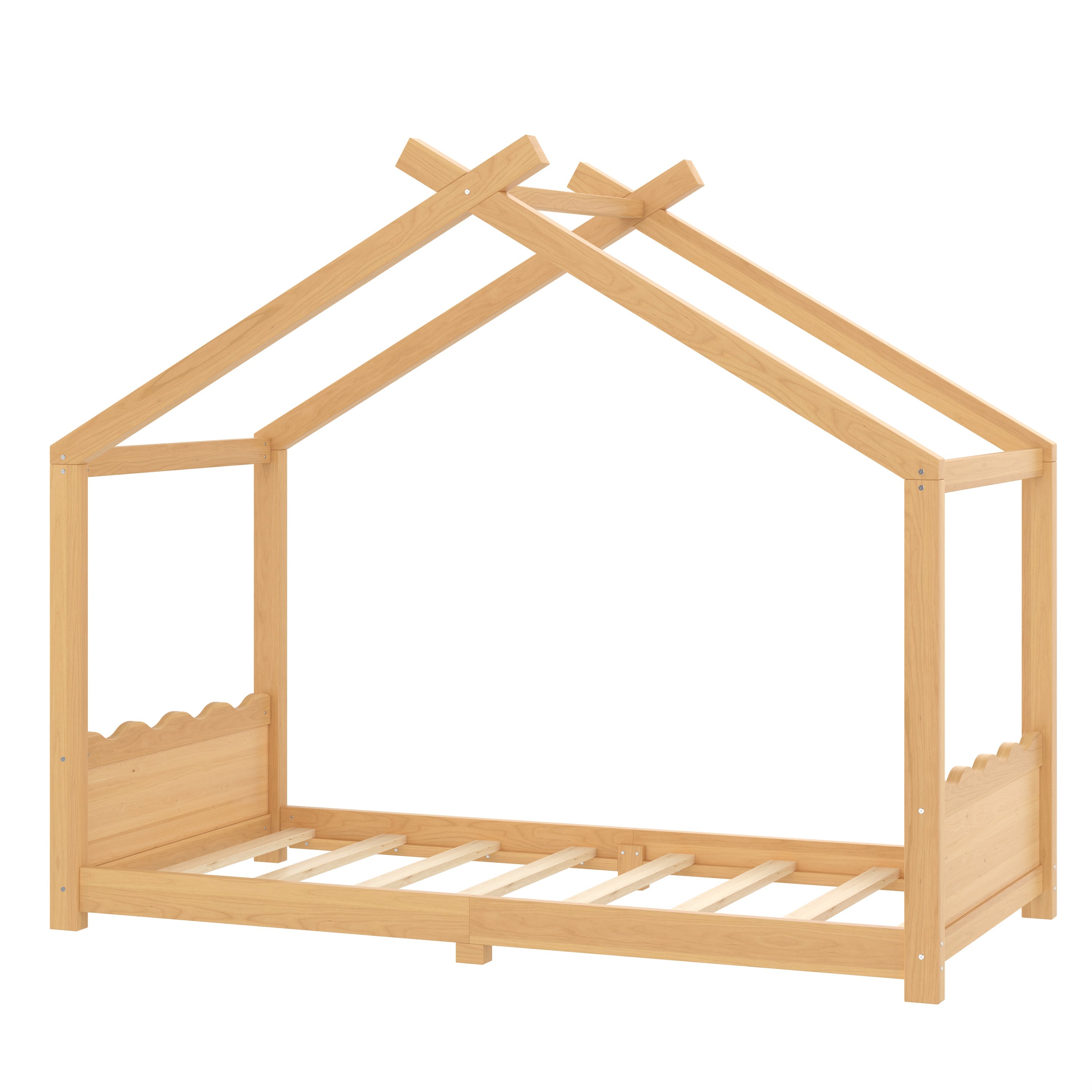 Twin House Floor Bed with Support Slats, Solid Wood House Bed Frame for Kids, No Box Spring Needed and Opening Constructure, Natural