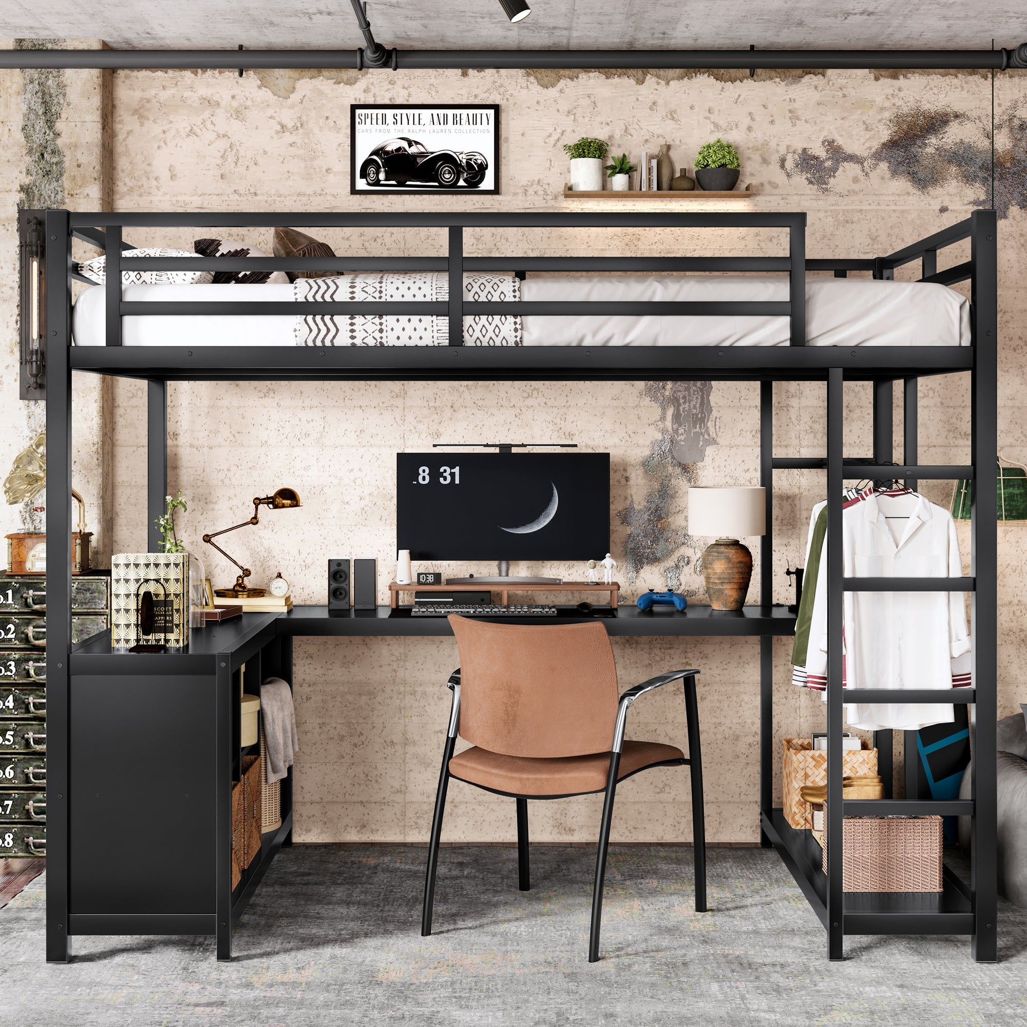 Metal Loft Bed with Wardrobe and L-shaped Desk, Twin XL Size Loft Bed with Storage Cubes and Shelves, Loft Bed for Kids Teens Adults, Black