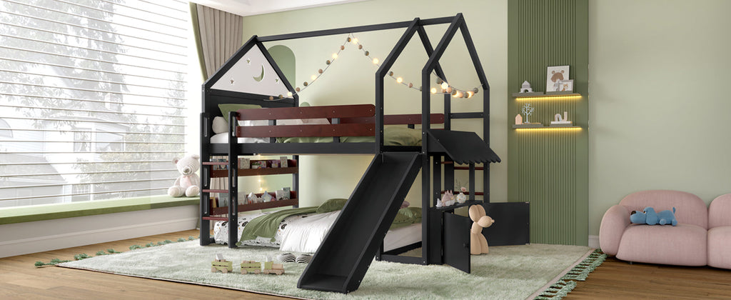 Full Size Loft Bed with Bookshelf Playful Design for Kids House-Shaped Structure with Slide High-Quality Safety Rails,Black.