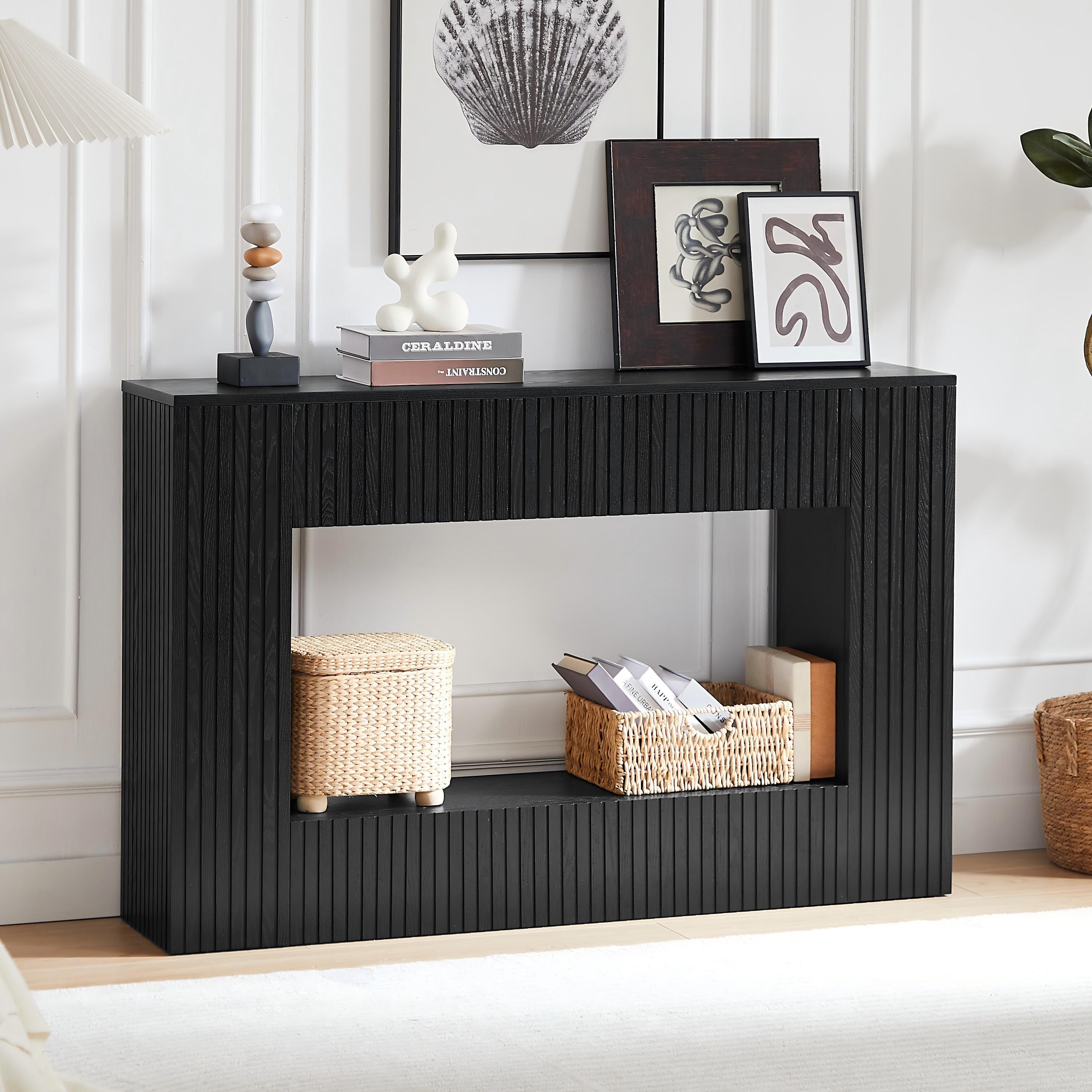 55' Modern Slatted Console Table, Narrow Entryway Table for Living Room or Hallway