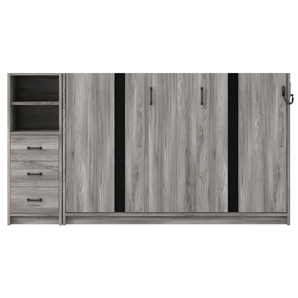 Twin Size Murphy Bed with Drawers and LED Light, can be Folded into a Cabinet, Gray